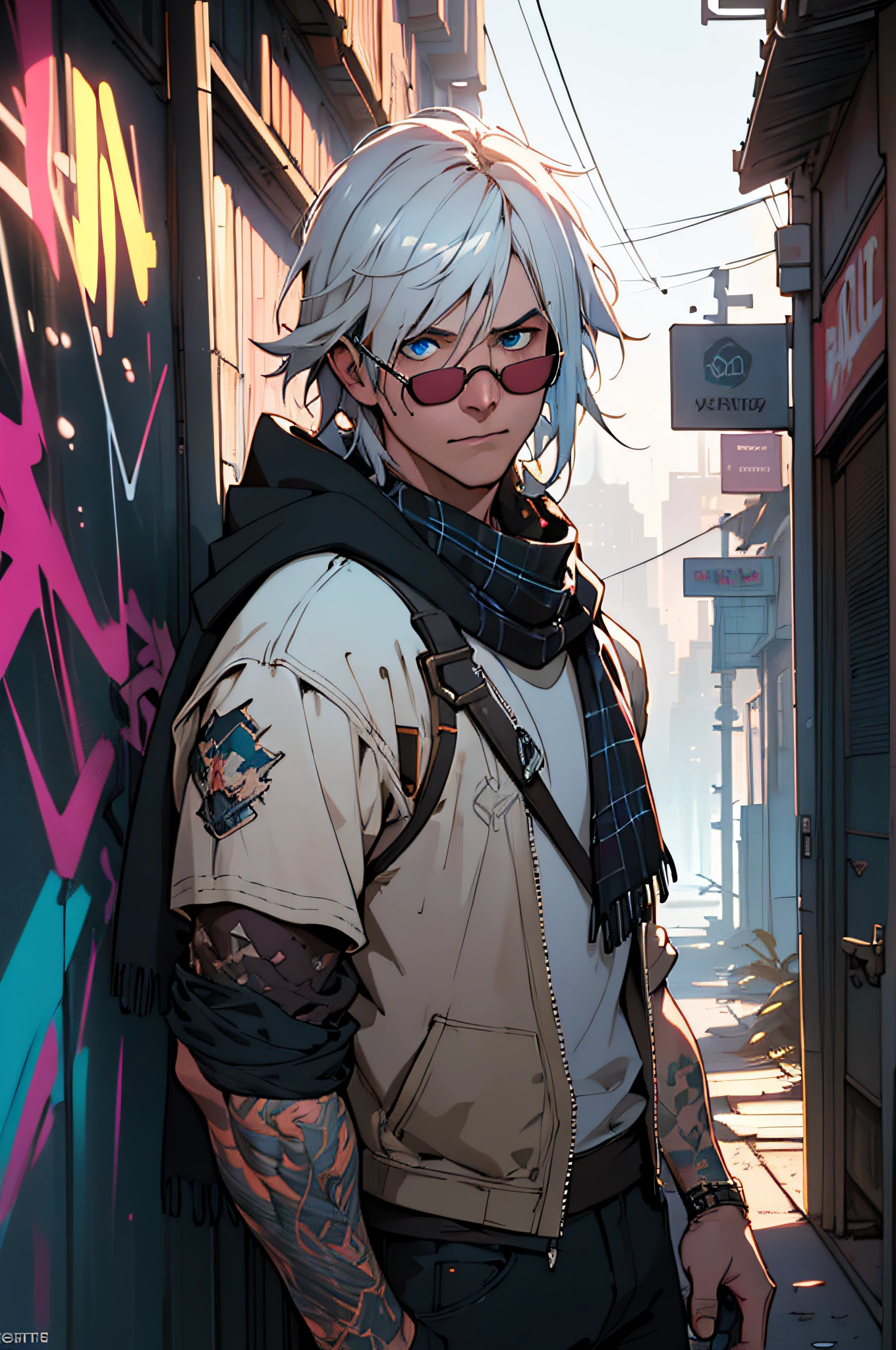 (dark shot:1.1), epic realistic, portrait of halo, sunglasses, blue eyes, tartan scarf, white hair by atey ghailan, by greg rutkowski, by greg tocchini, by james gilleard, by joe fenton, by kaethe butcher, gradient yellow, black, brown and magenta color scheme, grunge aesthetic!!! graffiti tag wall background, art by greg rutkowski and artgerm, soft cinematic light, adobe lightroom, photolab, hdr, intricate, highly detailed, (depth of field:1.4), faded, (neutral colors:1.2), (hdr:1.4), (muted colors:1.2), hyperdetailed, (artstation:1.4), cinematic, warm lights, dramatic light, (intricate details:1.1), complex background, (rutkowski:0.66), (teal and orange:0.4)