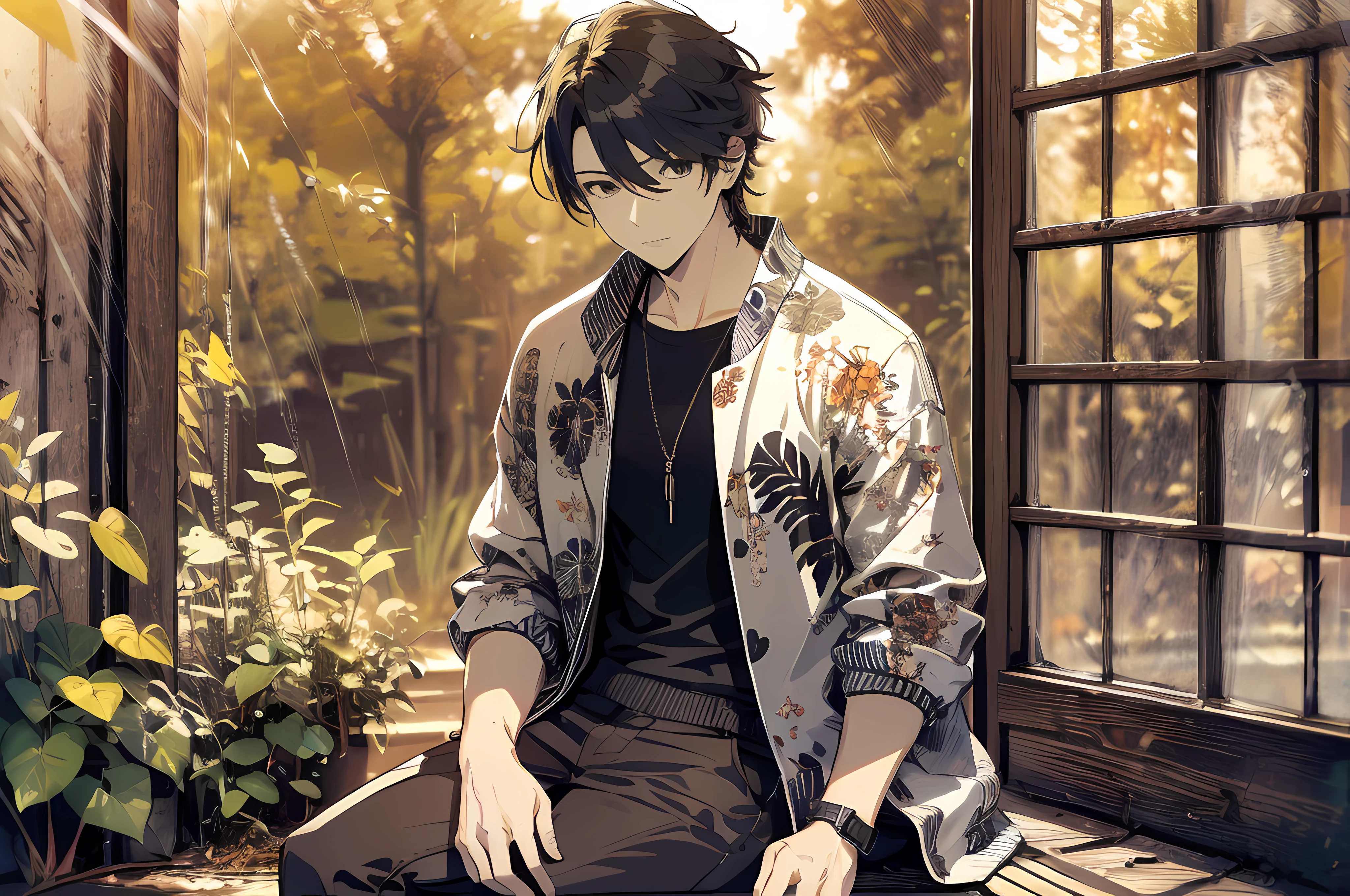 (absurdres, highres, ultra detailed, HDR), masterpiece, best quality, 1boy, solo, handsome, casual clothe, sitting, Japanese scene