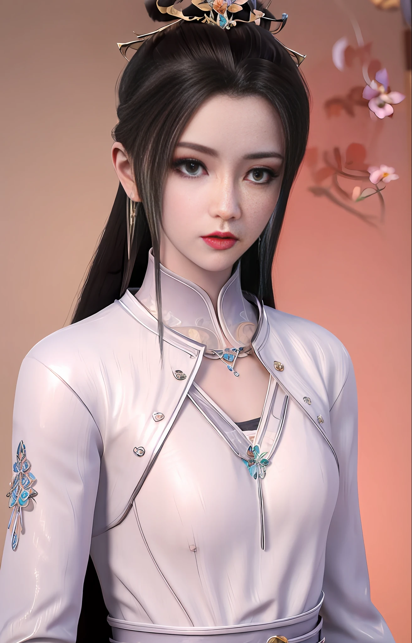 1girl, (upon body:1.3), hair ornament, necklace, jewelry, long hair, earrings, highres, hair ribbon,(Beautiful face:1.2),detailed beautiful eyes, skinny body,shiny skin,Slim waist,(8k_wallpaper), Intricate and refined delicate details,Chinese clothes,toned abs,detached sleeves,playboy bunny, flowers, bushes, roses, rose, pink,