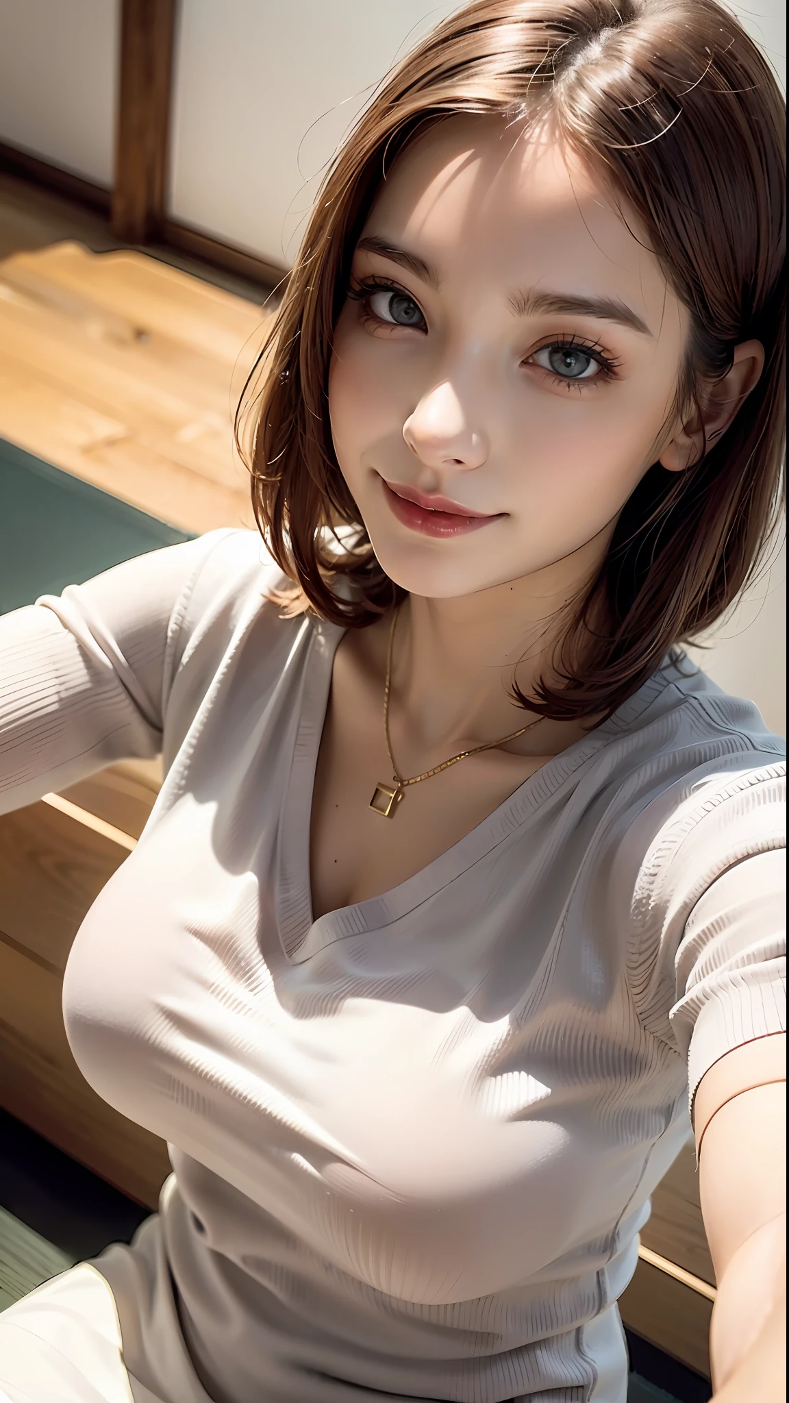 (Best quality, 8k, 32k, Masterpiece, UHD:1.2),Photo of Pretty Japanese woman, large breasts, very short bob hair,upper body,face focus,oversized_sweater, necklace, simple background, from above, looking at viewer,