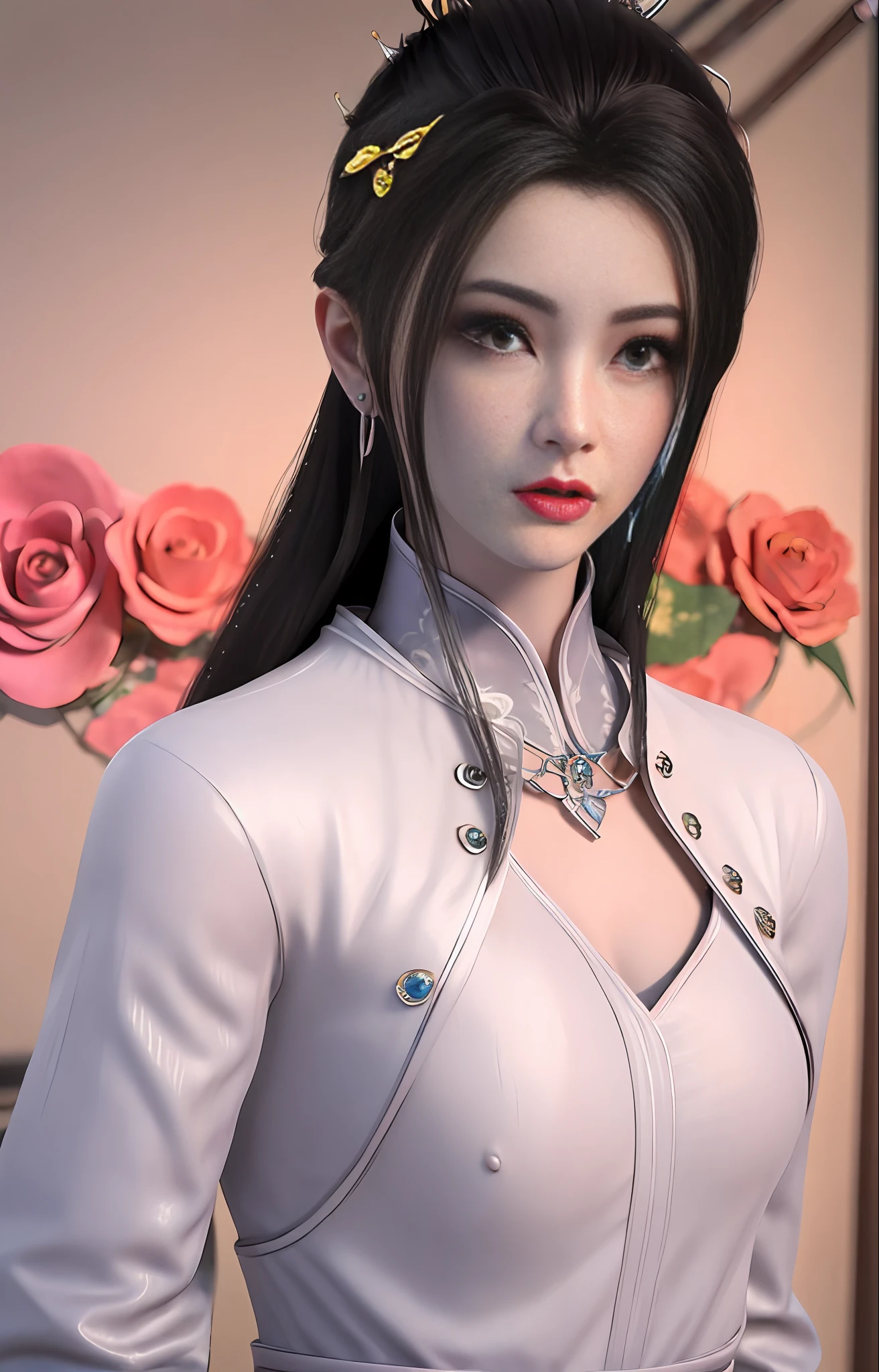 1girl, (upon body:1.3), hair ornament, necklace, jewelry, long hair, earrings, highres, hair ribbon,(Beautiful face:1.2),detailed beautiful eyes, skinny body,shiny skin,Slim waist,(8k_wallpaper), Intricate and refined delicate details,Chinese clothes,toned abs,detached sleeves,playboy bunny, flowers, bushes, roses, rose, pink,