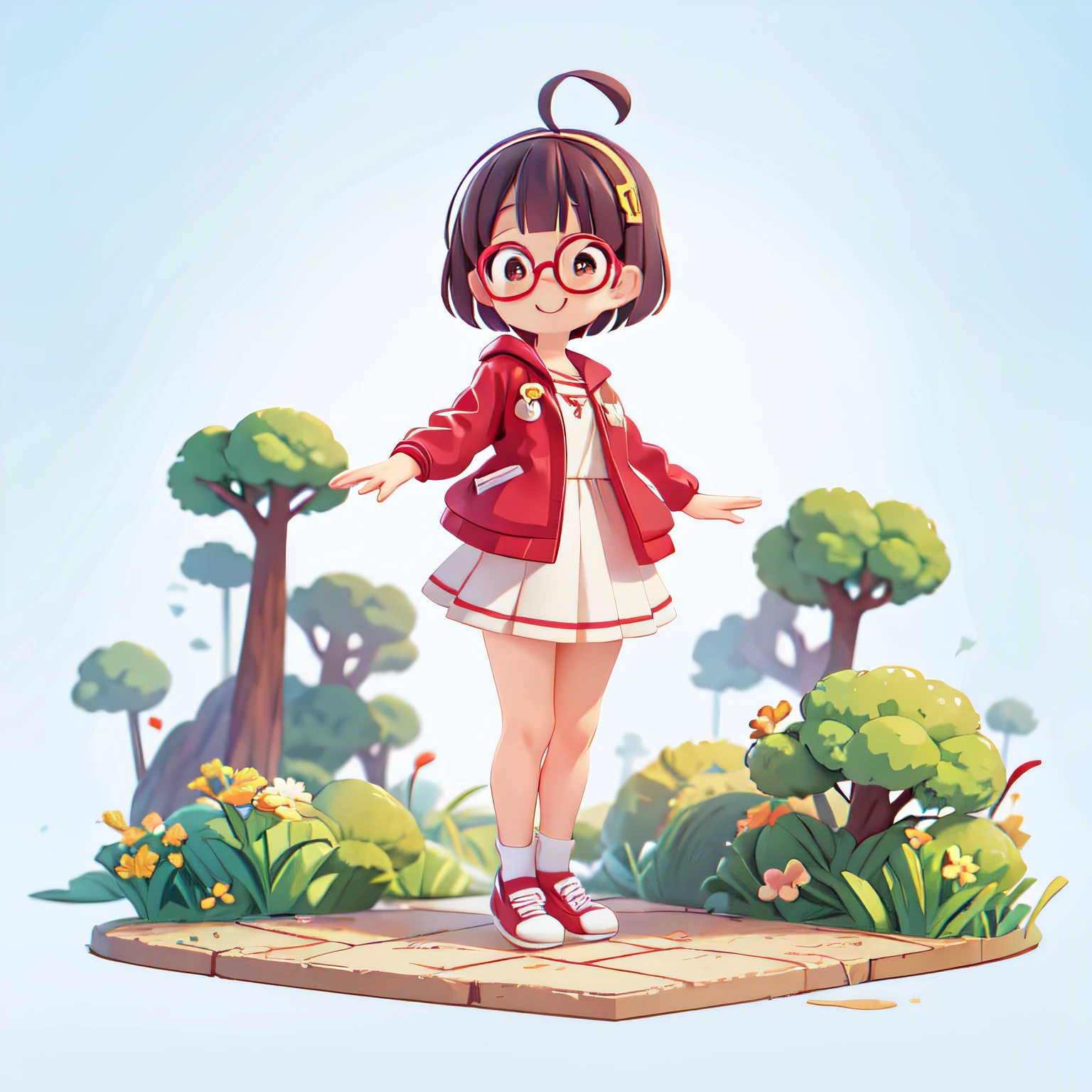 anime girl in a red jacket and white skirt standing in a street, cute art style, urban girl fanart, short hair, glasses, cute smile, loish art style, anime style character, stylized anime, in the art style of 8 0 s anime, anime art style, 8 0 s anime art style, clean detailed anime style, clean artstyle, in an anime style, 2 d anime style