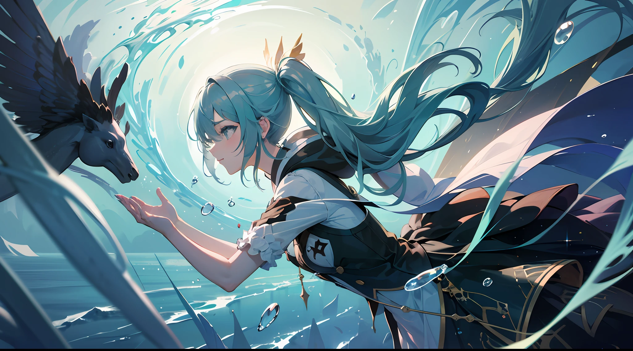 Cover design, ultra high def, masterpaintings, A girl soaks in water, (Under the water), Long cyan hair, double ponytails, cute pubic hair, depth of field, ultra high def, 巨作,Brace your hands on the ground