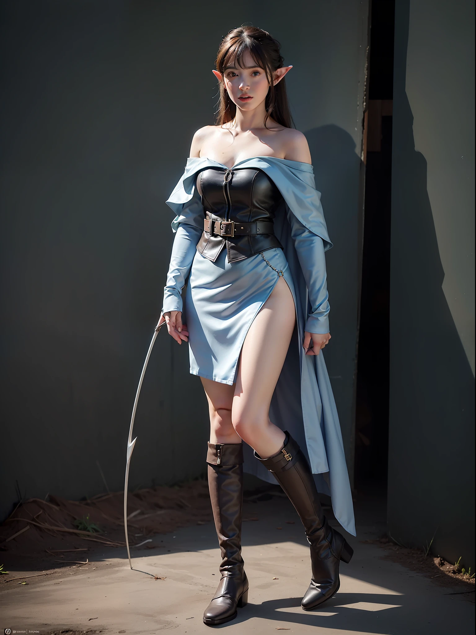 Best quality, masterpiece, ultra high res, (photorealistic:1.4), raw photo, 1girl, offshoulder, in the dark, deep shadow, low key, cold light, blue eyes, elf ears, black long hair, bangs, leather fantasy clothes, elf girl, big bust, cute face, full body, medieval , (((full body))), silver details, archer, medirva, clothes, detailed face, boots, ((archer bow))), leather armor