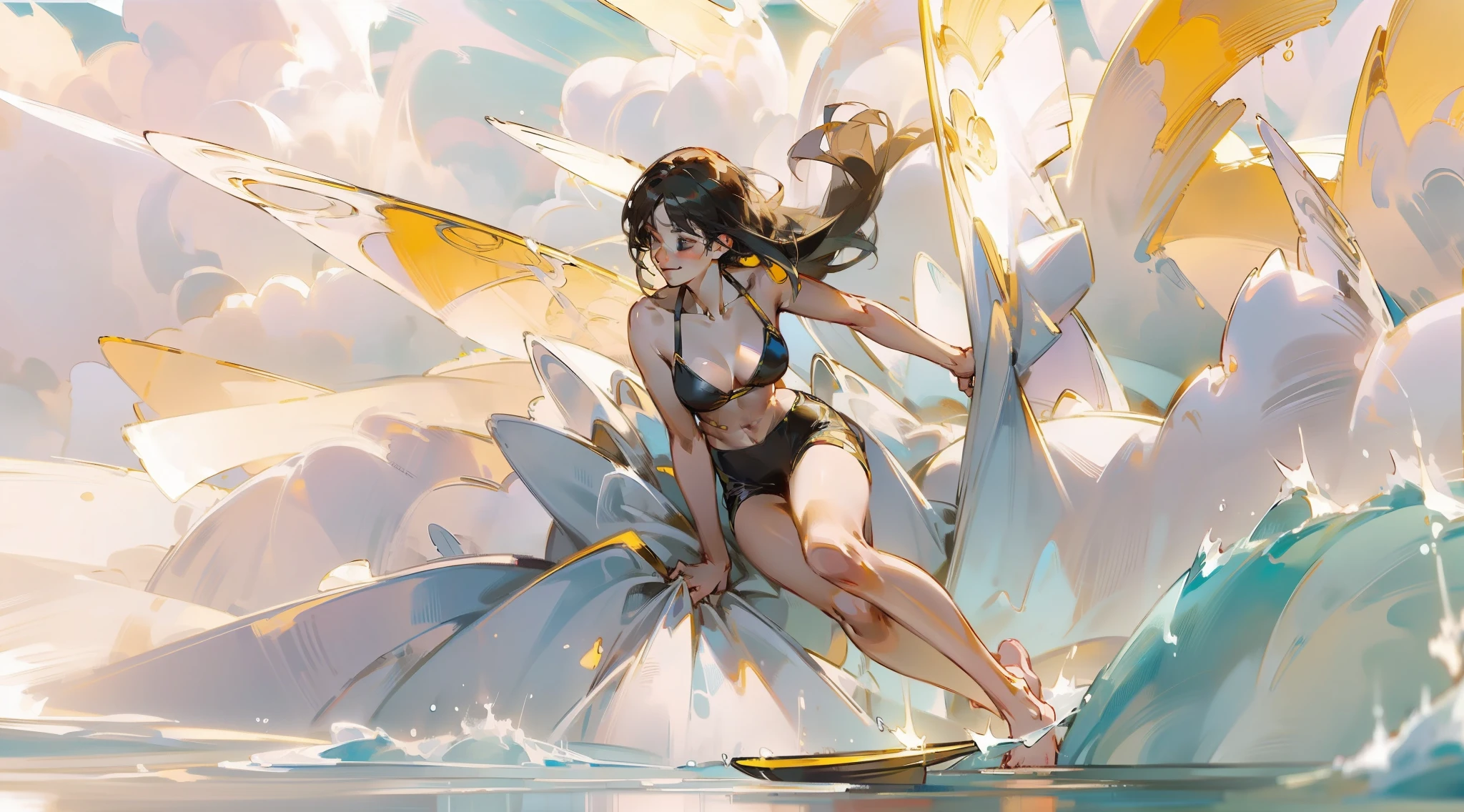 A woman,Whole human body,Smile with,A soothing expression,realisticlying,(masterpaintings,top Quority,optimal quality,offcial art),Heavily detailed,Colorful,Most detailed,length hair,black color hair,seas,necklac,sandbeach,D cups,Abs,Surfing,sea water,Surfing,
