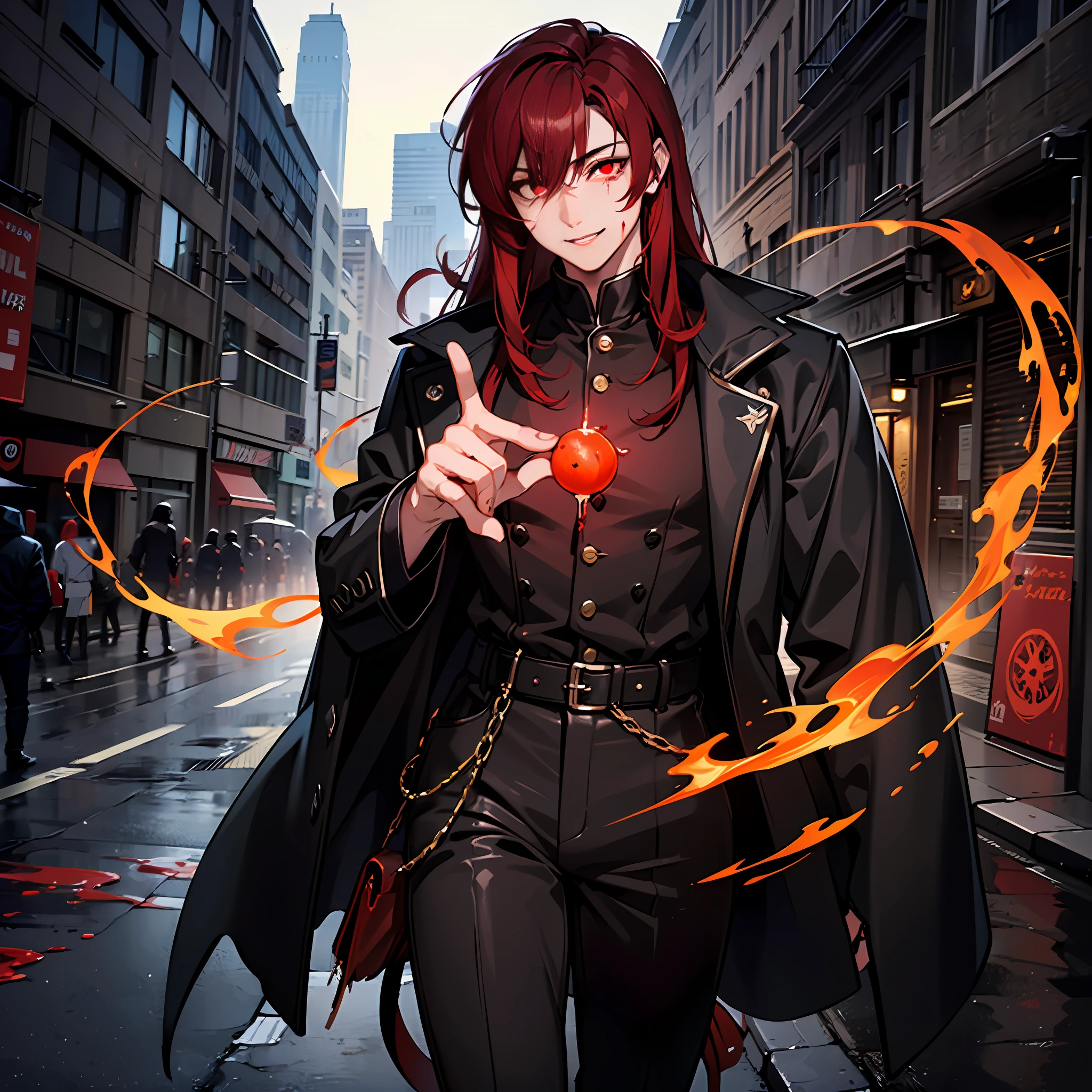 (absurd, highres, ultra-detailed),((human)),((((male )))), finely detailed eyes, ((dark red hair)), complex pattern, detailed face, magic effect, best proportion four fingers and one thumb, blood, red aura, smile, closed mouth, ((glowing red eyes)), torn clothes, cassock, ((black eye sclera)), demon tail, walking in a city, bloody hands, crying blood, macabre, gothic, ((long hair)), heavy rain, night, dark, blood moon, only 1 people, mask