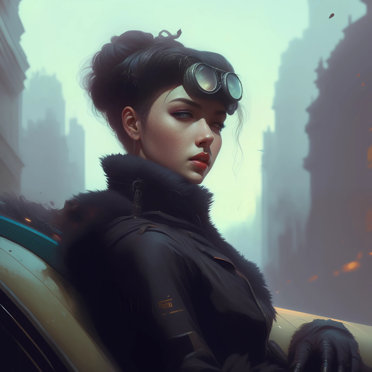 a close up of a woman in a black outfit and goggles, artwork in the style of guweiz, moebius + loish + wlop, dreamy cyberpunk girl, tom bagshaw style, cyberpunk art style, tom bagshaw artstyle, yuri shwedoff and tom bagshaw, ornamental gothic - cyberpunk, the cyberpunk girl portrait, artstyle tom bagshaw
