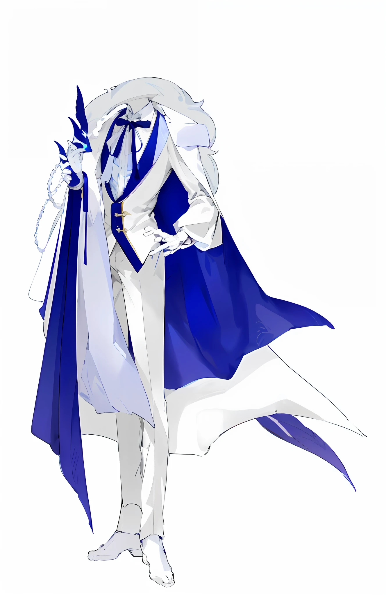 a cartoon of a man dressed in a blue and white outfit, ((wearing aristocrat robe)), Tall anime guy with blue eyes, in a flowing white tailcoat, dominant wihte and blue colours, dark blue and white robes, beautiful androgynous prince, Delicate androgynous prince, wearing fantasy formal clothing, !!Full body portrait!!, royal attire akira