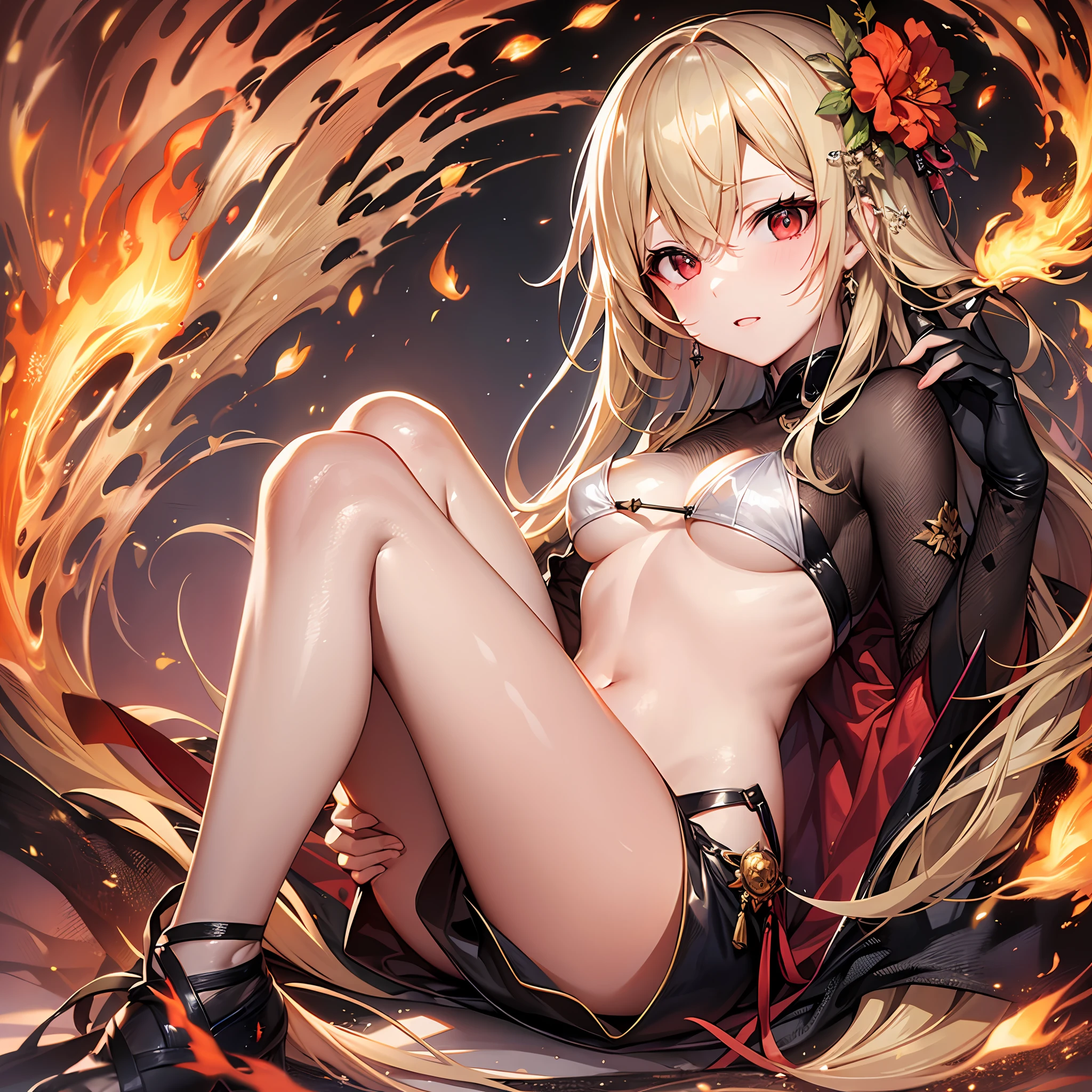 One beautiful blonde girl、red-eyed、doress、Flame background