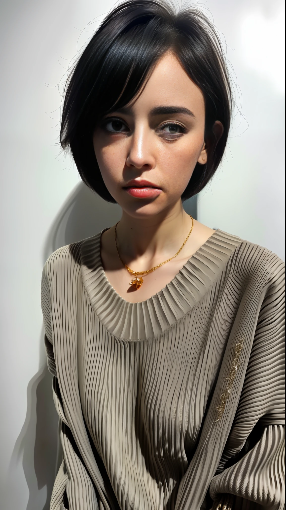 (Best quality, 8k, 32k, masterpiece, UHD: 1.2), photo of a pretty American woman, very short bob hair, upper body, facial focus, black oversized_sweater, necklace, simple background, from above, looking at the viewer,