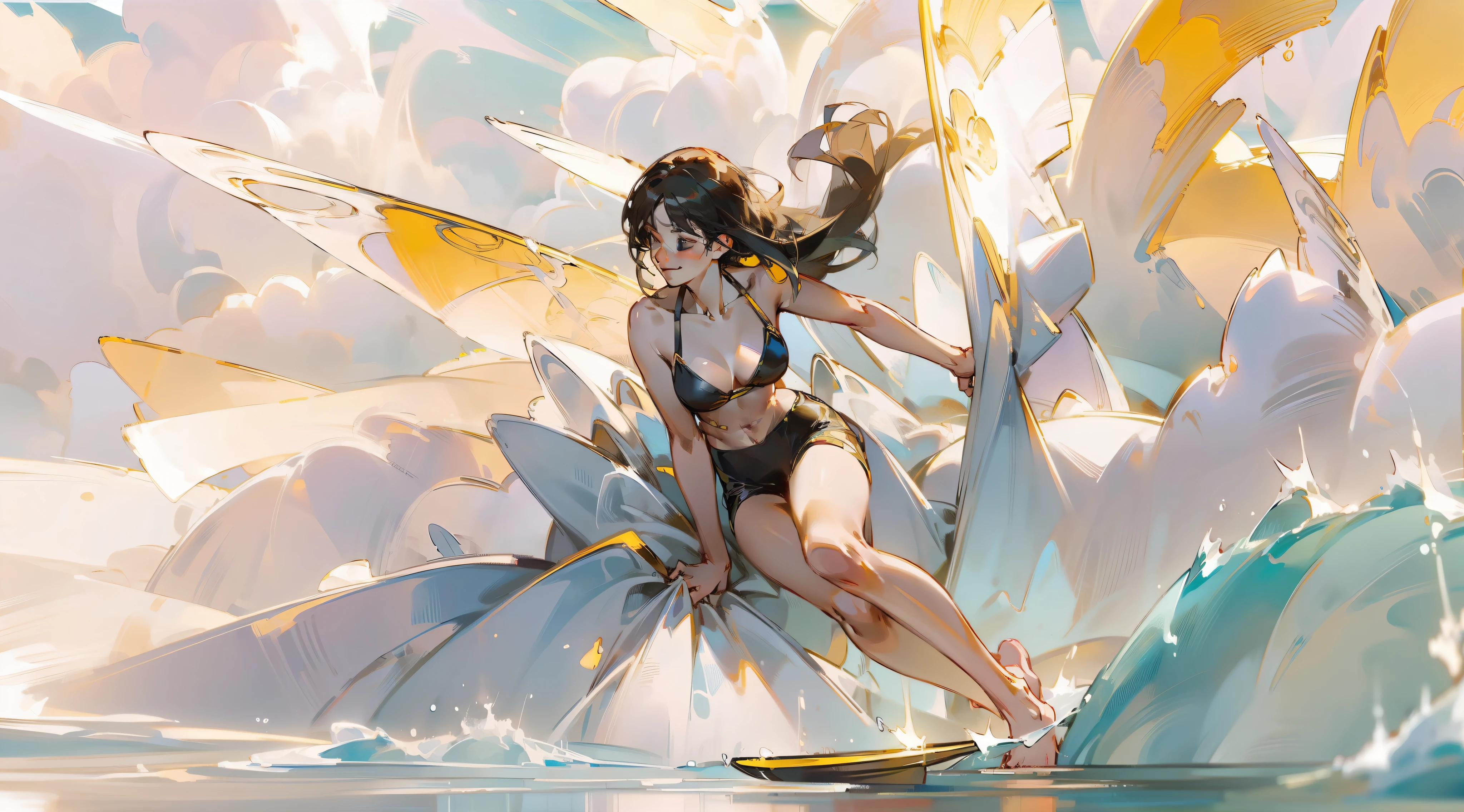 A woman,Whole human body,Smile with,A soothing expression,realisticlying,(masterpaintings,top Quority,optimal quality,offcial art),Heavily detailed,Colorful,Most detailed,length hair,black color hair,seas,necklac,sandbeach,D cups,Abs,Surfing,sea water,Surfing,