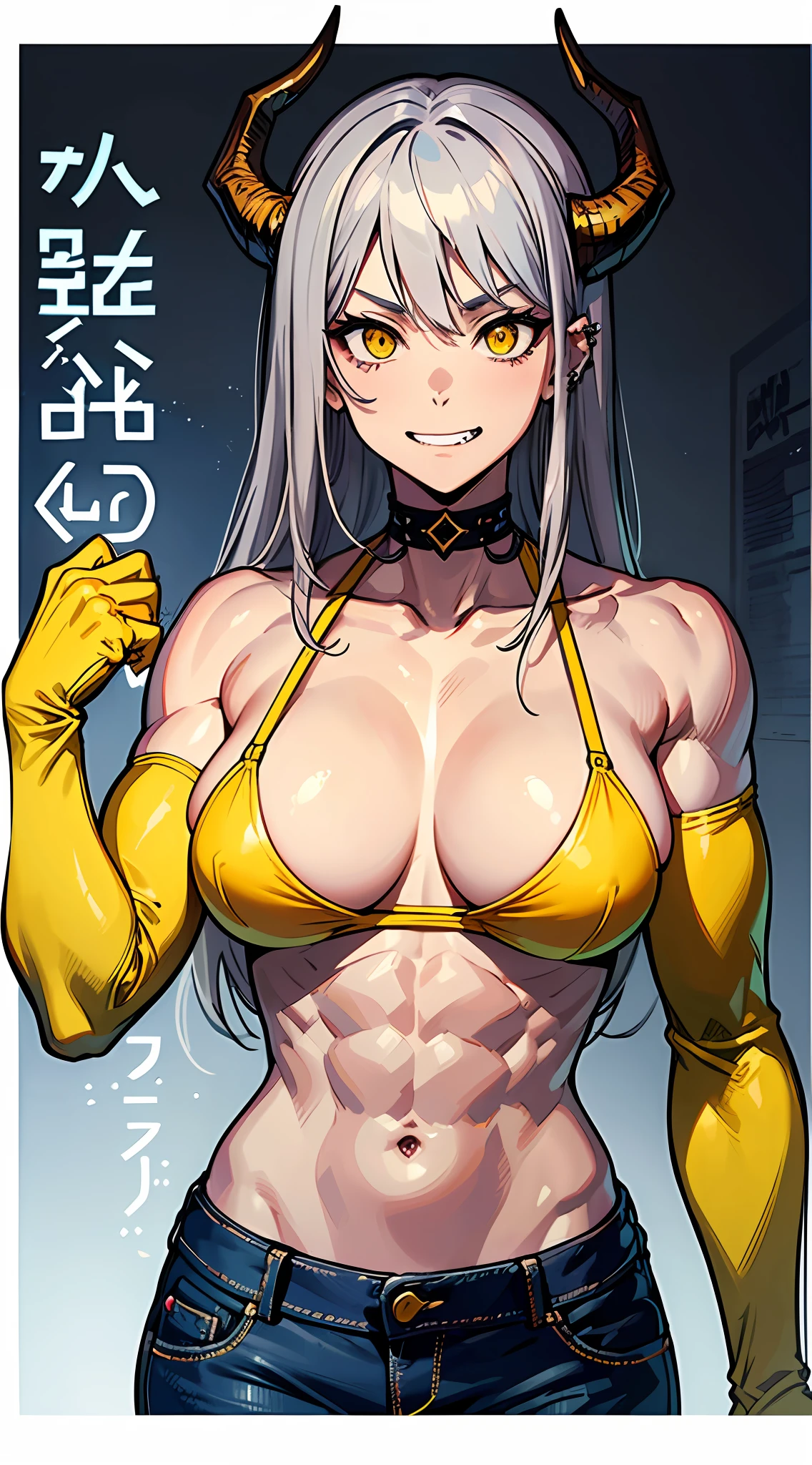 (Dragon horns,hyper super ultra detailed perfect piece, illustration, masterpiece, (bad personality), grin, (Gray hair), (piercing), full scale, (go mad eyes),without bra,women jeans,(yellow eye), intricate details, best quality, ((Solo)),medium boobs, mugshot, height chart, holding sign,(muscular body:1.3),(elbow gloves),[Anri Teieri],2.D anime Focus --auto