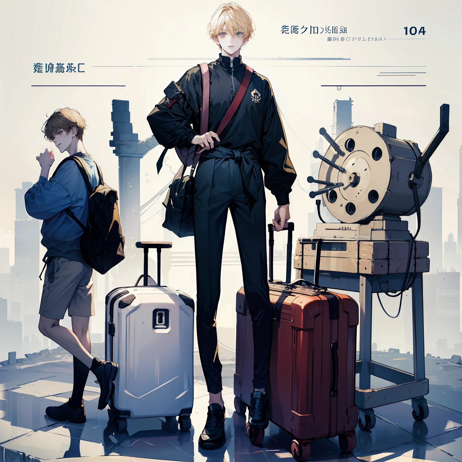 High-quality diagrams，A teenager，Tall guy，blonde short hair。Handsome，Standing with a schoolbag in one hand，The other hand crosses the waist，Semi-oblique