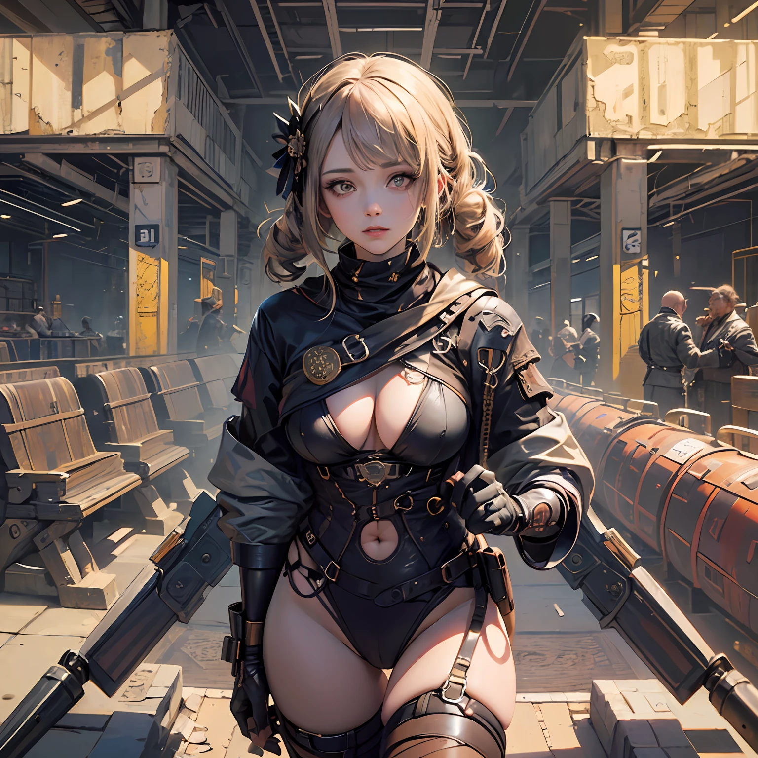 ((Melhor qualidade, 8k, Masterpiece :1.3)), 1 mulher steampunk, Mulher bonita com abdominais finos enfatizando :1.3, (Random Hairstyles :1.2), Tampa de tanque oversized :1.2, Rosto ultra-detalhado, Olhos detalhados, Double eyelidd, axila --auto