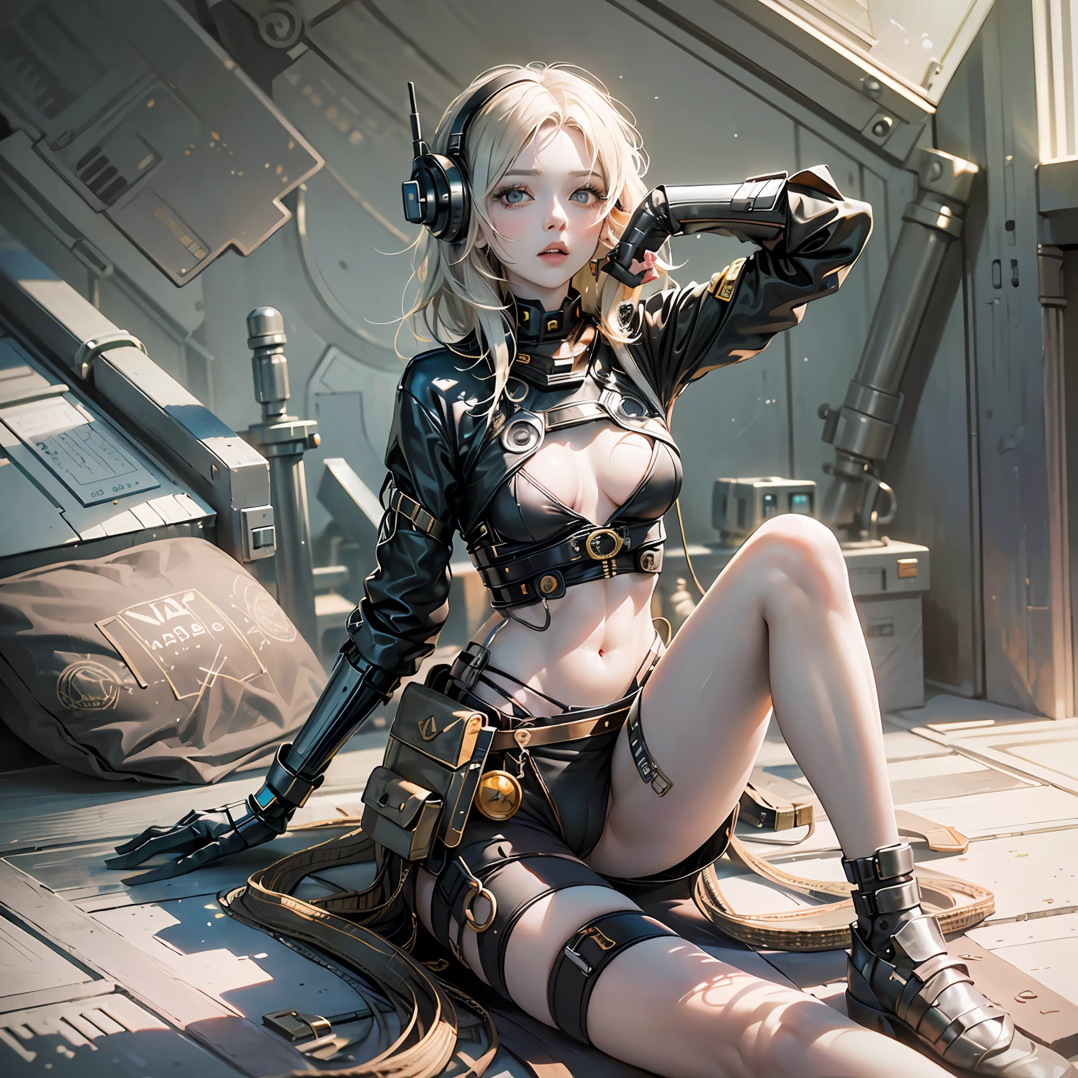 ((Melhor qualidade, 8k, Masterpiece :1.3)), 1 mulher steampunk, Mulher bonita com abdominais finos enfatizando :1.3, (Random Hairstyles :1.2), Tampa de tanque oversized :1.2, Rosto ultra-detalhado, Olhos detalhados, Double eyelidd, axila --auto