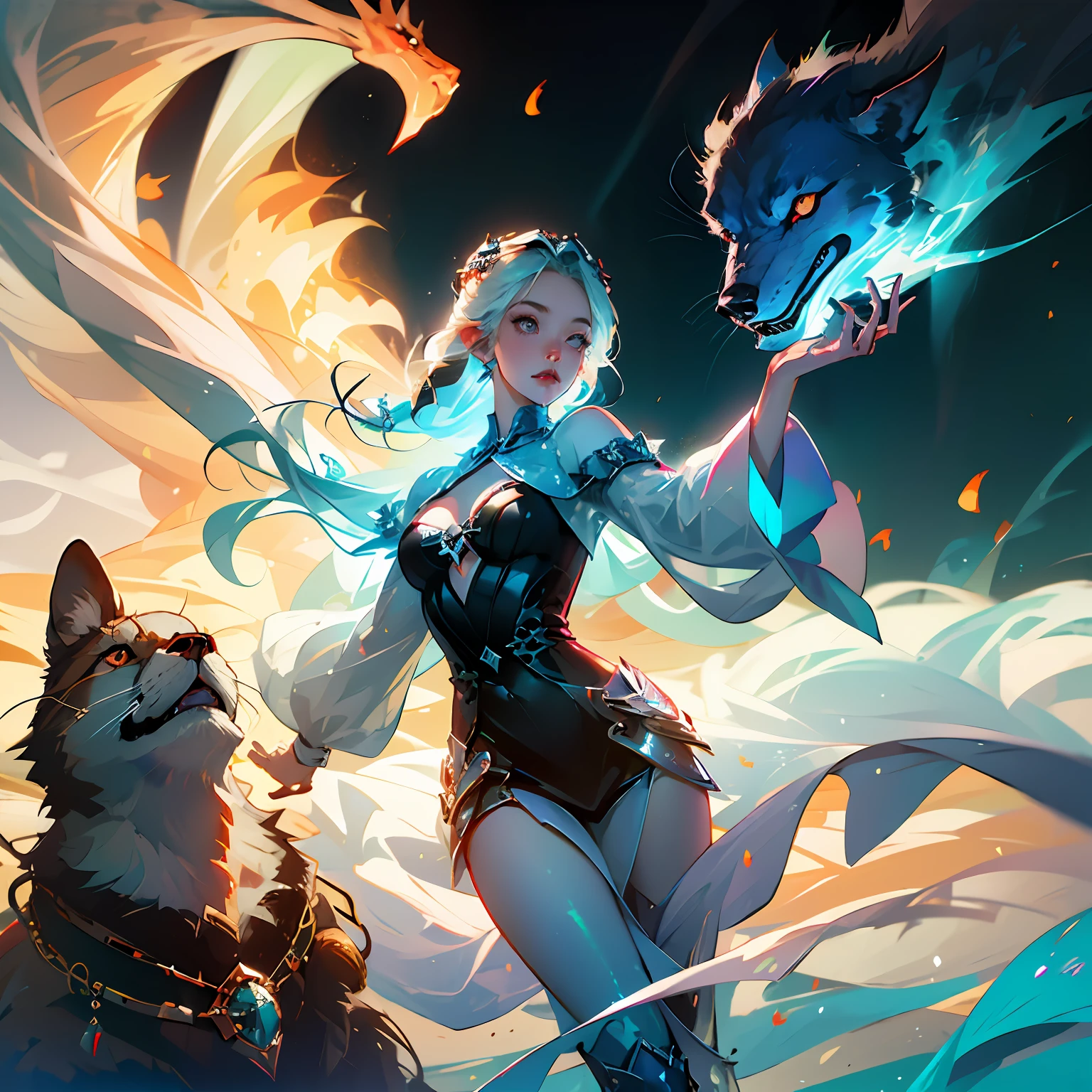 super powers, ice queen x fire queen ,ice powers, fire powers, the girl with super powers ,tatto , beautiful girls, fantasy world, big breasts, revealing clothing , ice land, ice Dragon, fire big wolf --auto