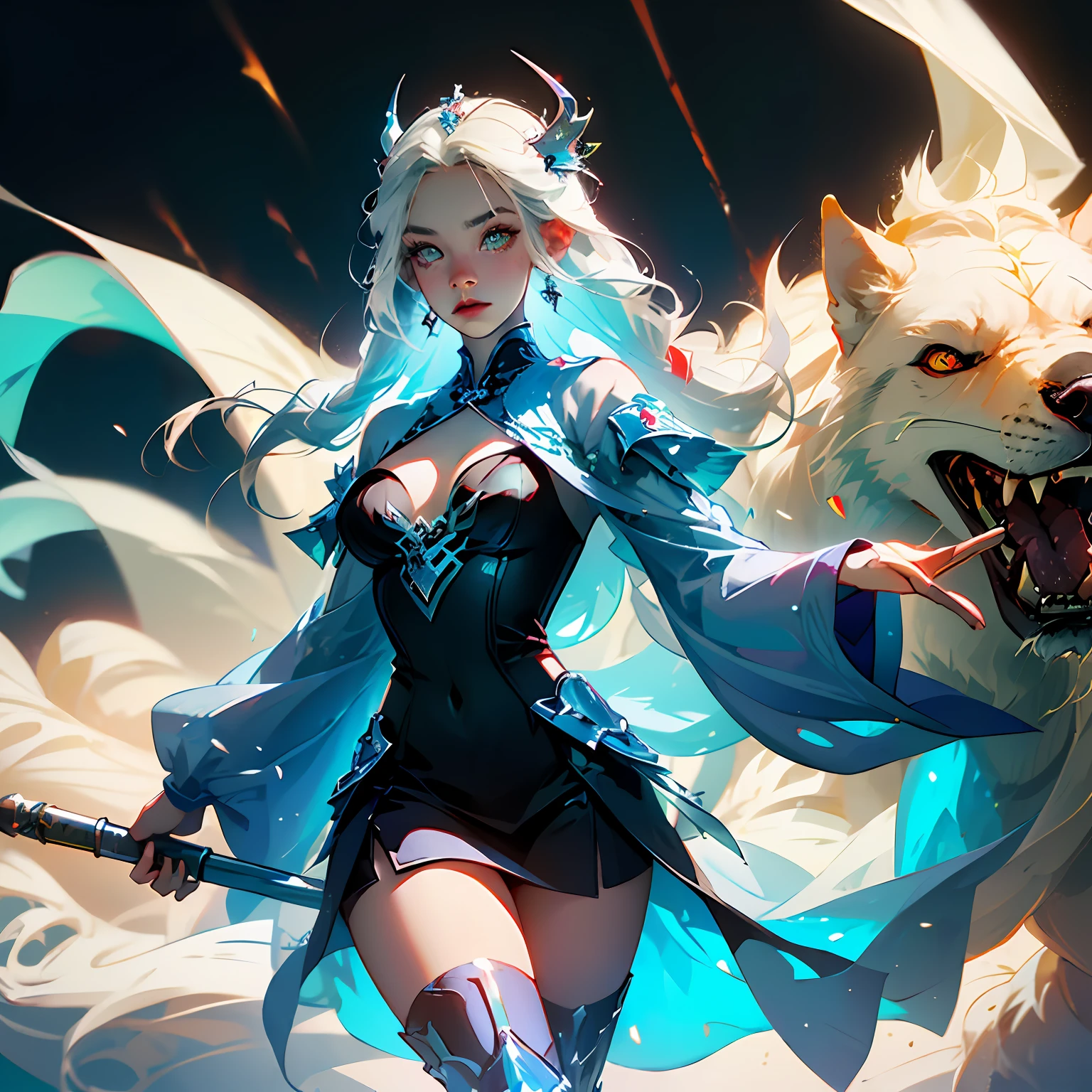 super powers, ice queen x fire queen ,ice powers, fire powers, the girl with super powers ,tatto , beautiful girls, fantasy world, big breasts, revealing clothing , ice land, ice Dragon, fire big wolf --auto