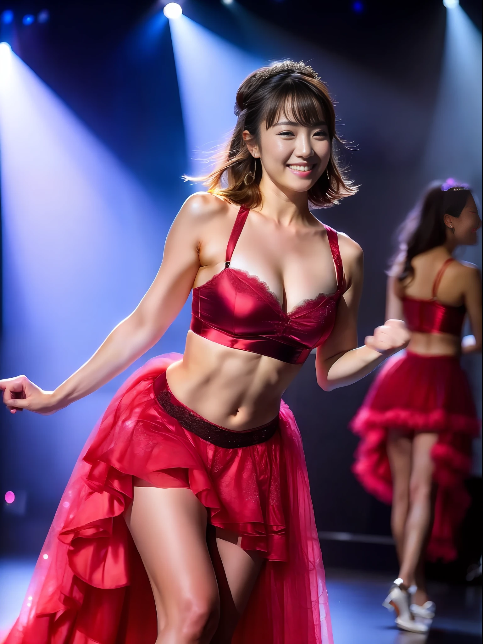 A masterpice、Ultra-high-definition high-quality photos、Modern Japan Strip Theatre、Glittering stage lighting、Very sexy very beautiful young woman、dancer、Full body like、Long body、Lively dance poses、Great dance skills、Yoga Poses、Beautiful gorgeous stage costumes、RED dress、Lace underwear、a smile、White teeth、Sense of cleanliness、wholesome、kindness、top grade、a pixie cut、Beautiful abs、Beautiful muscles、Long burly limbs、healthy、Radiant、Fine-grained beautiful skin、ample breasts、Toned waist、perspiring、and intricate detailing、Round Table Stage、spot lights、Laser beam、Half-undressed、Naked foot、Frill scrunchies、