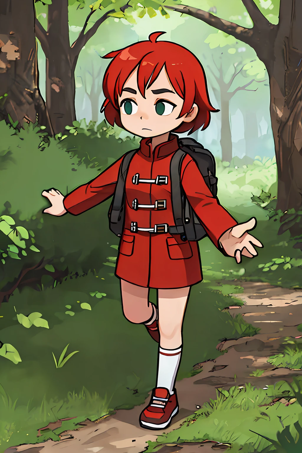 girl, red coat, forest, trail