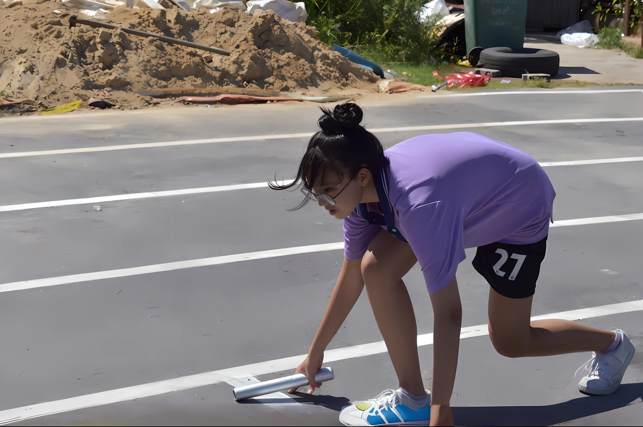 woman bending over to pick up a tennis ball on a court, marking lines, blocking the sun, working hard, in a race competition, looking at the ground, concentration, motivational, on the concrete ground, chalk, beautiful angle, student, wearing track and field suit, on the ground, 2 meters, performance, on ground, side view of her taking steps
