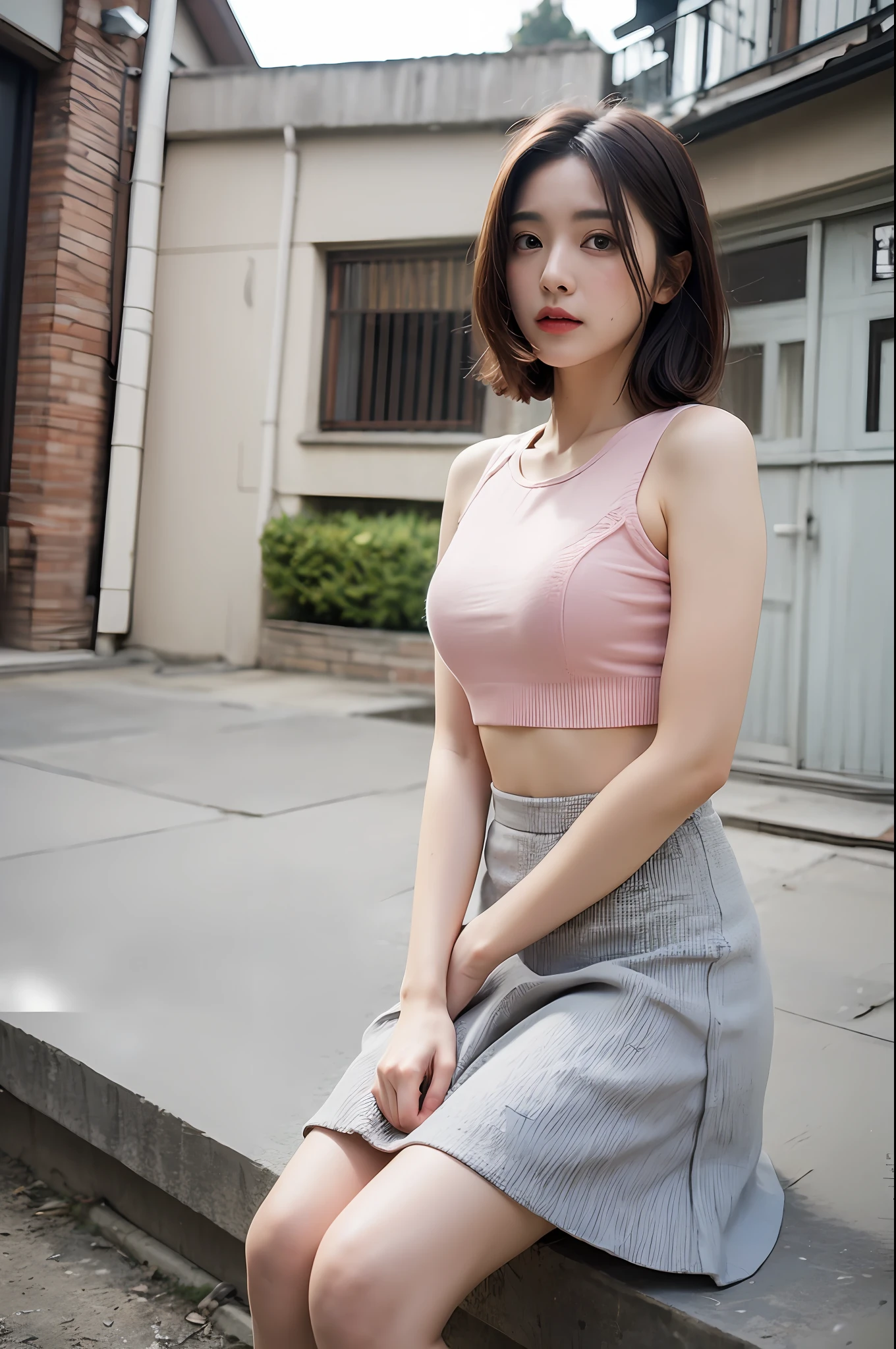 (Highly detailed body,Highly detailed face,the best quality:1.2) ,a woman with,Look at viewers,realperson(Pink slip top,Super short JK skirt),(Background photography house:1.4)