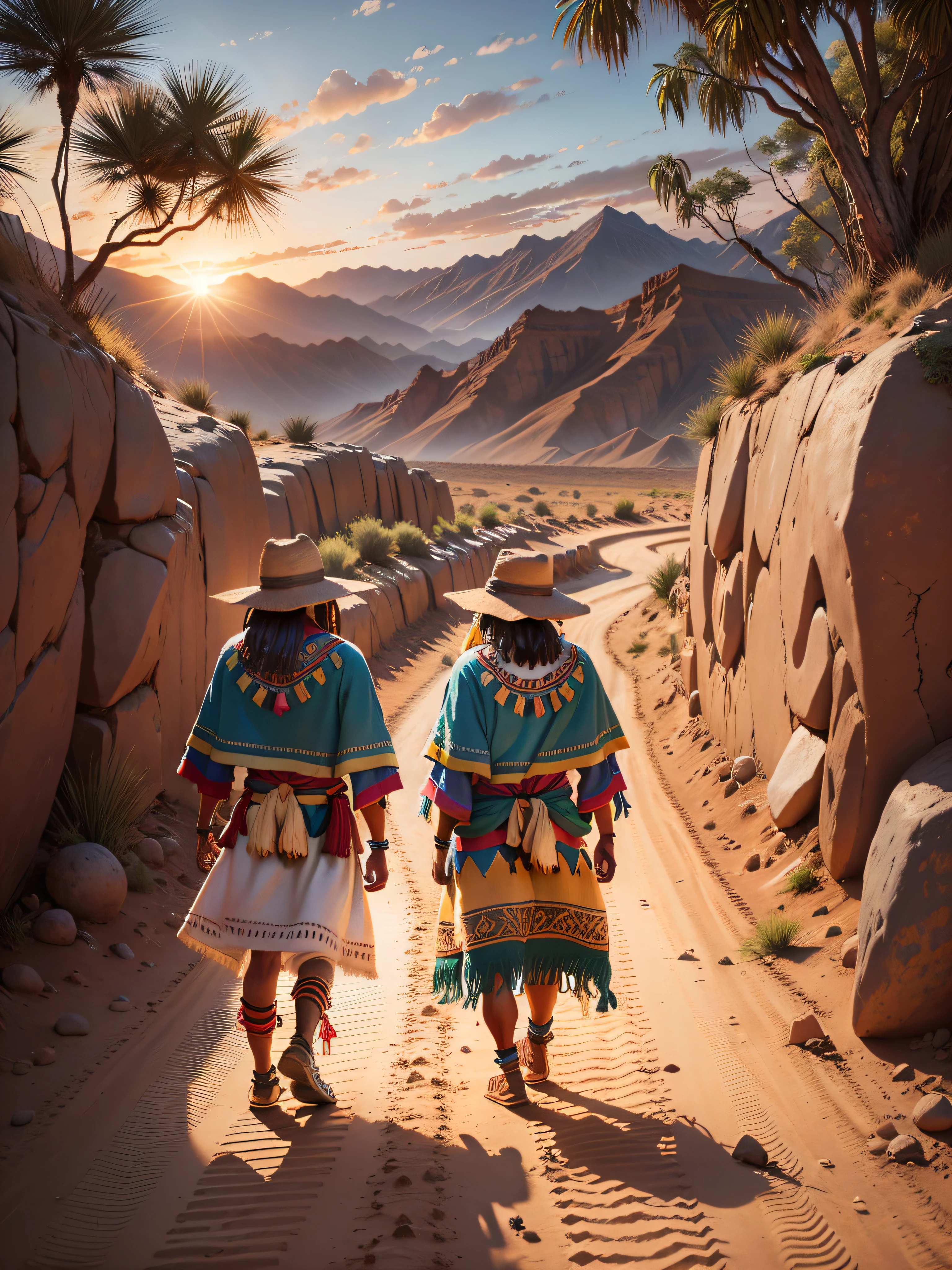 Group of Inca aborigines in the desert walking towards the mountain at sunset the sun is setting, realistic, high intricate details, colorful clothing, full bodies, 16k