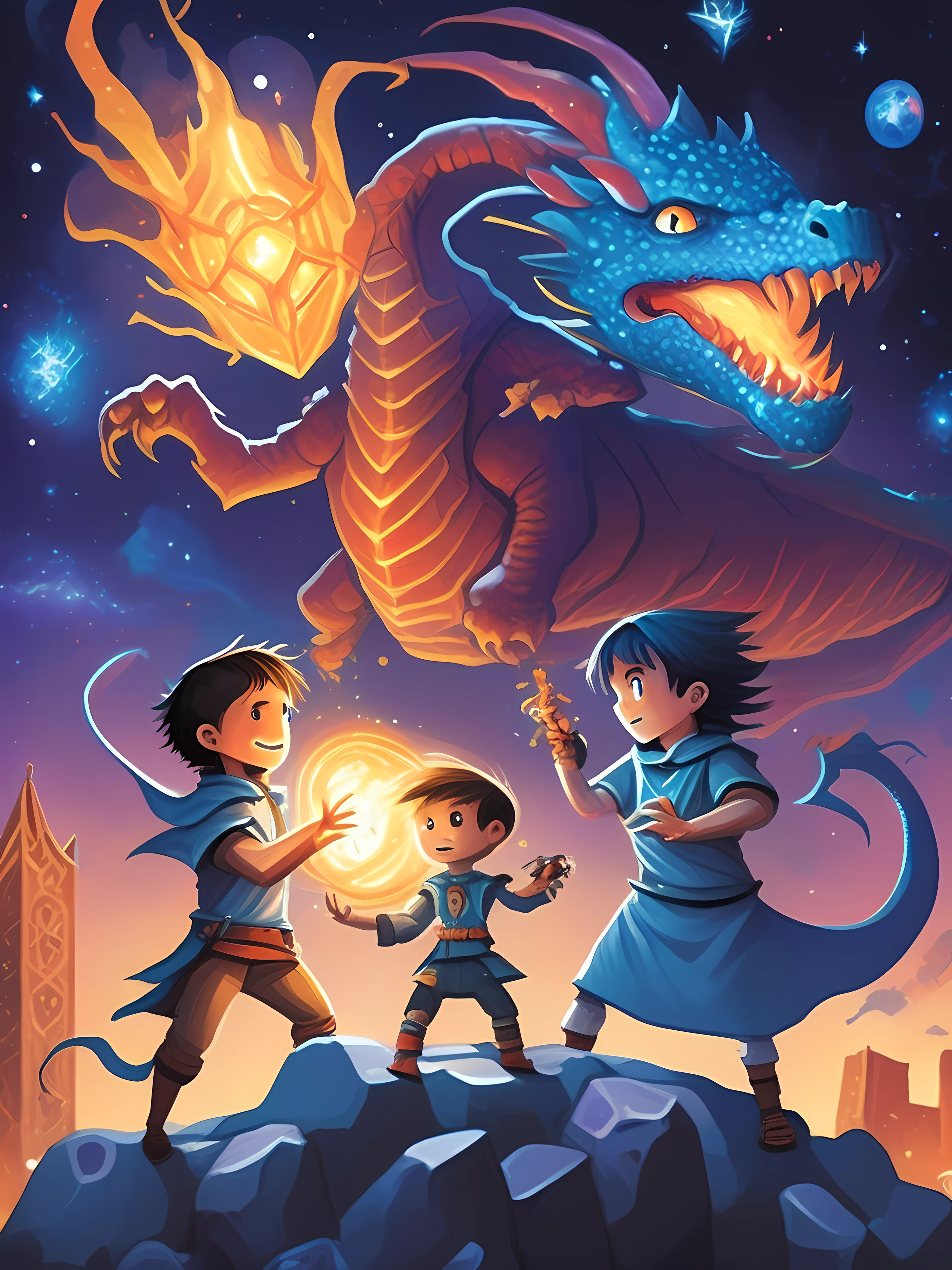 Perfect professional cover image depicts a magical and thrilling setting, which represents the Tempus universe of the 4 little Time Warriors with the time cube and their giant blue fire dragon friend that came out of the enchanted cube in their hand. In the background, we see a starry sky, A dragon friend of the smallest of them fighting a monster of dark mists , full of bright constellations and distant galaxies, conveying a sense of vastness and mystery. no centro da imagem, cubos encantados do tempo. EM, cube IN hand of the smallest among the warriors. Os quatro protagonistas do livro se destacam: Soren, lily, Darian e Kai. They are positioned in a united formation, prontos para enfrentar os desafios que os aguardam. we have featured the protagonist Kaiden his shining cube of golden metal with a hologram projected from a gigantic friendly dragon , o jovem guerreiro de pequeEM estatura, but with a determinate expression on his face. He holds a mysterious cube with a bracelet with carved inscriptions . Giant time clock surrounds the entire image in enveloping magic . Em torno dos guerreiros, vemos elementos que representam o universo de Tempus. There is an arc of magical time lights with a clock, which symbolizes time travel and the connection between the past, present and future represented by three smaller bright cubes . A mystical mist hangs around the persoEMgens, bringing an air of mystery and magic. No horizonte, Ancient ruins and towering pillars approach, evoking a sense of grandeur and lost history. The title of the book, "Guerreiros do Tempo", is displayed in elegant gold letters, com uma fonte que transmite a ideia de aventura e fantasia. Below the title is the author's name, also in gold letters, Highlighting the creator of this amazing jorEMda. Esta imagem de capa evoca o senso de magia dos persoEMgens, aventura, and togetherness, conveying to readers the promise of an emotional story full of twists and turns.