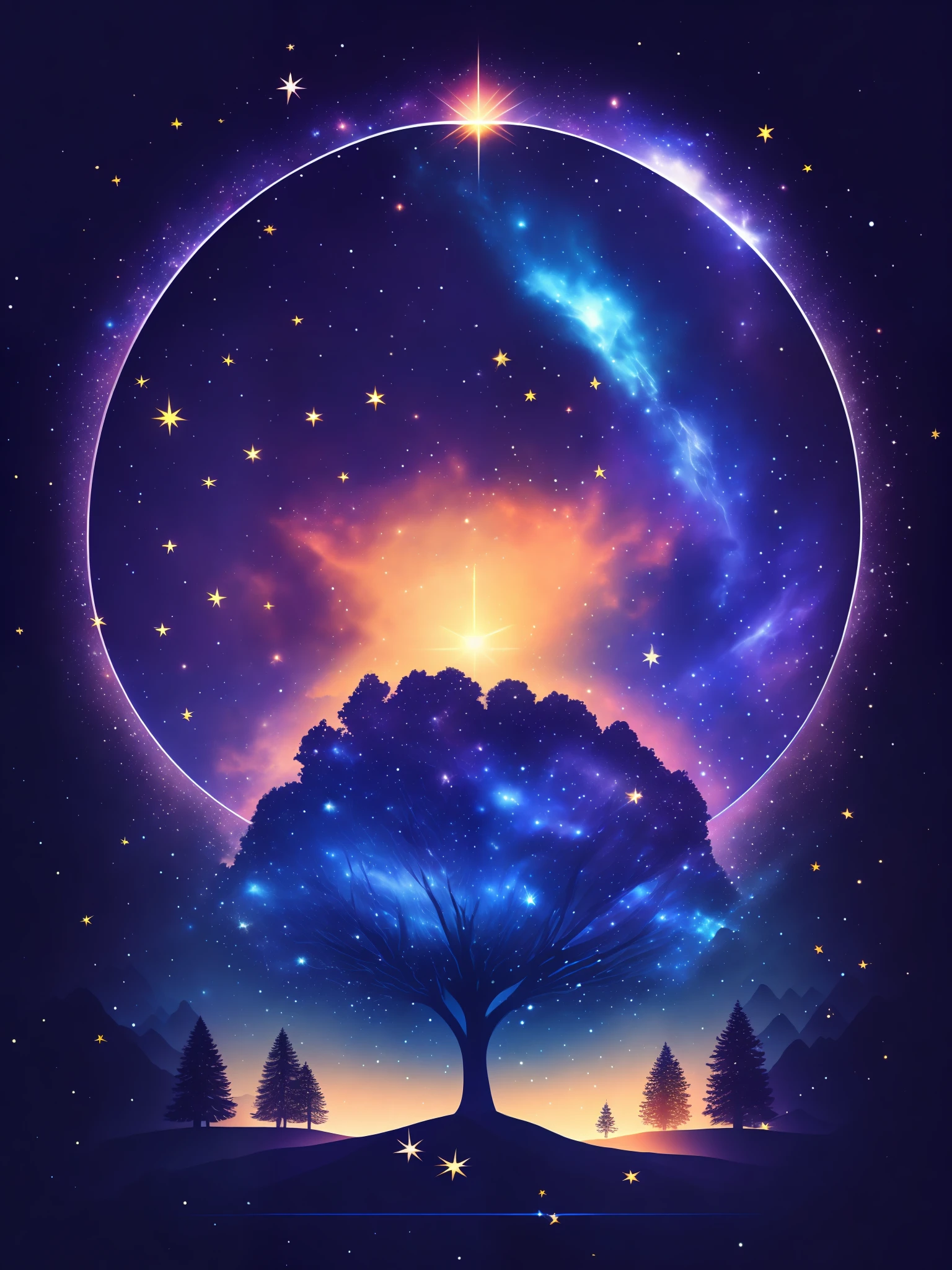 nigh sky，As estrelas，intergalactic，Starry，nigh sky，A masterpice，nebulous，A tree，T-shirt design，rzminjourney，vectorial art