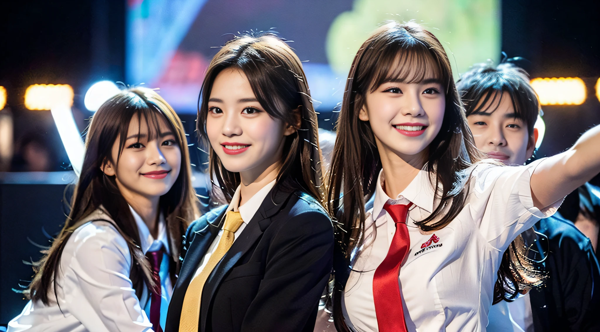 Ultra-detailded、ultra res、(realisic、real photograph:1.37)、(photoreallistic:1.2)、High School Girl Miss Con、High school girl posing on stage、A smile that makes you see your teeth、Full body shot、full body pictures、high resolution RAW color photos、Beautiful and shining stage lights、Real Light、Female Proofreading Miscon2022Detailed background of the year、Dancing on stage、Swaying skirt、7Slender body of head and body、a very detailed and beautiful background、An ultra-high picture quality、、amazing detailed、Very fashionable and delicate uniform、very detailed beautiful girls、very detailed faces very detailed eyes、Very realistic skin、 extremely detailed fingers, extremely detailed nose, highly detail mouth, flawless anatomy, highly detailed back ground, Very detailed clothes, , Cute littfamous Japan idol, a Pretty, Realistic body,White Skin Skin, shining skin, Slim body, Long straight hair, (Blunt bangs:1.2), Lifelike face, Delicate eys, 双眼皮, sailoruniform、red necktie、Pink Eye Shadow、((Schoolgirl has hair fluttering every time she dances))、Celebrity-level cuteness、Today's female proofreading、(Heart symbol wo under the eyes)(Deciding on a cute pose)