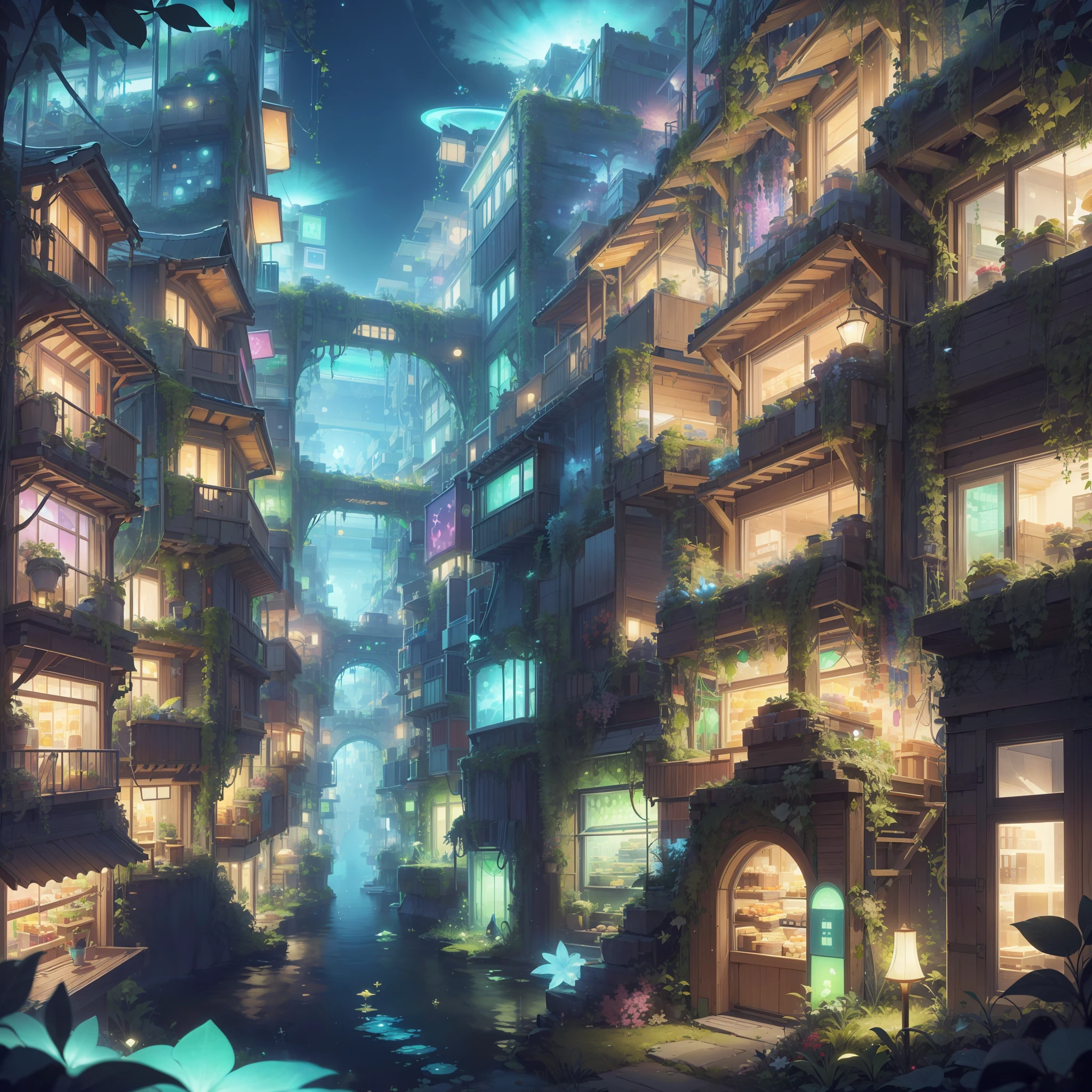 BiophyllTech, bioluminescent ,fully-organic, utopia,
shopping district , crowed