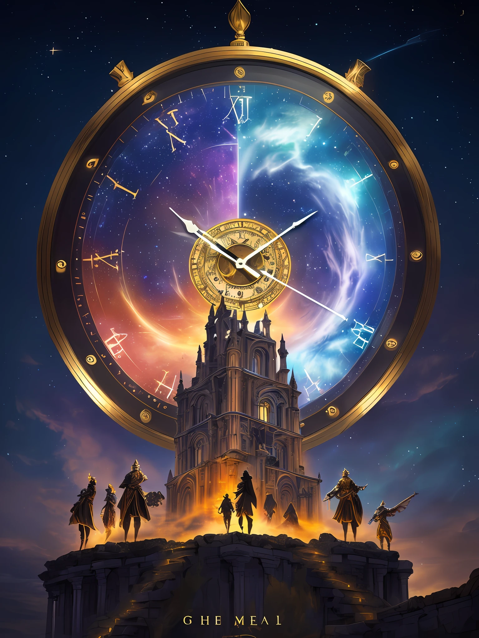 (((Giant bright big time clock ))), Fantastic metal cubes with light , Perfect professional cover image depicts a magical and exciting setting, which represents the universe of Tempus and the journey of the 4 little young Time Warriors with their giant blue fire dragon. One of them is smaller and Thinner , the are In the background, we see a starry sky, full of bright constellations and distant galaxies, conveying a sense of vastness and mystery. no centro da imagem, Os quatro protagonistas do livro se destacam: Soren, lily, Darian e Kai. They are positioned in a close-knit formation, prontos para enfrentar os desafios que os aguardam. destacamos o protagonista Kaiden, its glowing cube of golden metal with a hologram projected from a gigantic friendly dragon;, o jovem guerreiro de pequena estatura, but with a determined expression on his face. He holds a mysterious cube with a bracelet engraved with inscriptions. Giant time clock surrounds the entire picture in enveloping magic. Em torno dos guerreiros, vemos elementos que representam o universo de Tempus. There is an arch of magical time lights with a clock, which symbolizes time travel and the connection between the past, present and future represented by three smaller glowing cubes. A mystical mist hovers around the characters, bringing an air of mystery and magic. No horizonte, ancient ruins and towering pillars loom, evoking a sense of grandeur and lost history. The title of the book, "Guerreiros do Tempo", is displayed in elegant gold letters, com uma fonte que transmite a ideia de aventura e fantasia. Below the title is the author's name, also in gold letters, highlighting the creator of this incredible journey. Esta imagem de capa evoca o senso de magia dos personagens, aventura, and togetherness, transmitindo aos leitores a promessa de um, twisting story. --auto