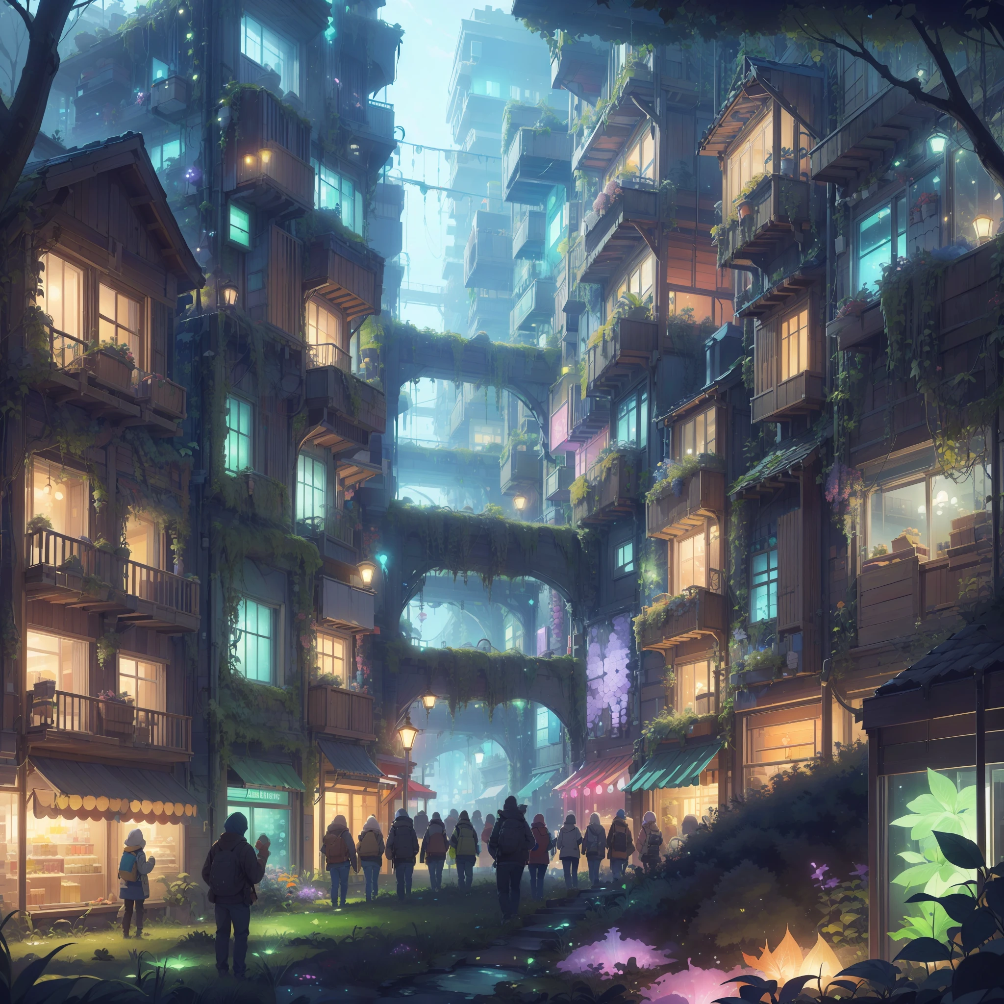 BiophyllTech, bioluminescent ,fully-organic, utopia,
shopping district , crowed