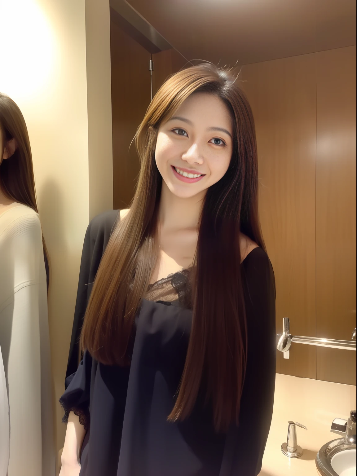 Young woman standing in bathroom showing off her long hair，Smile at the camera with your eyes wide open