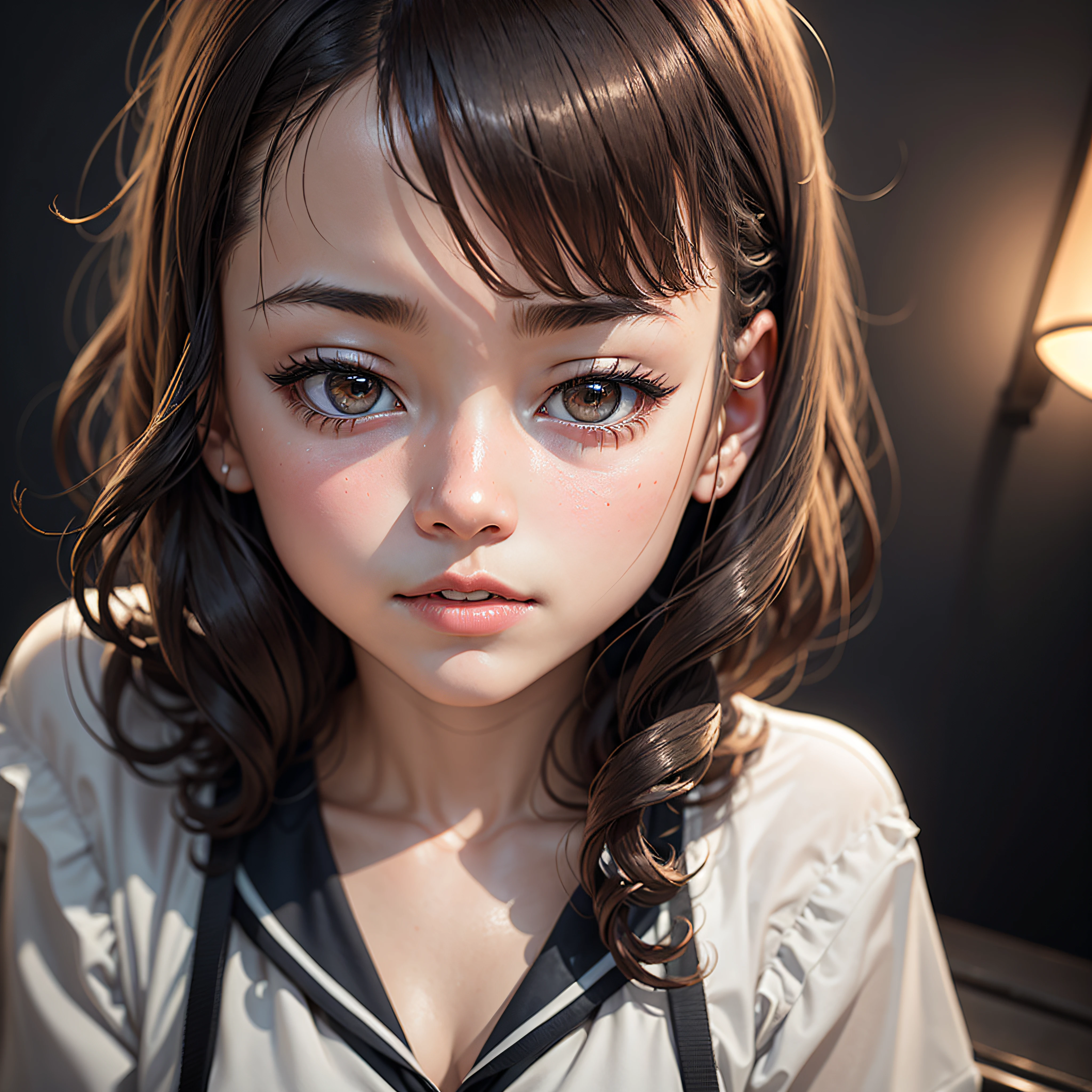 (Live shooting in 8K、beste Quality、masterspiece:1.2)、(Realistic、photorealestic:1.37)、(aegyo sal:1)、a Pretty、Professional Writing、photon maping、Physically Based Rendering、short cuts、Gray eye、sailor suits、Night、Neon light、A sexy、looking the viewer、8K high resolution、Realistic background、Clear background、s whole body、The little girl --auto