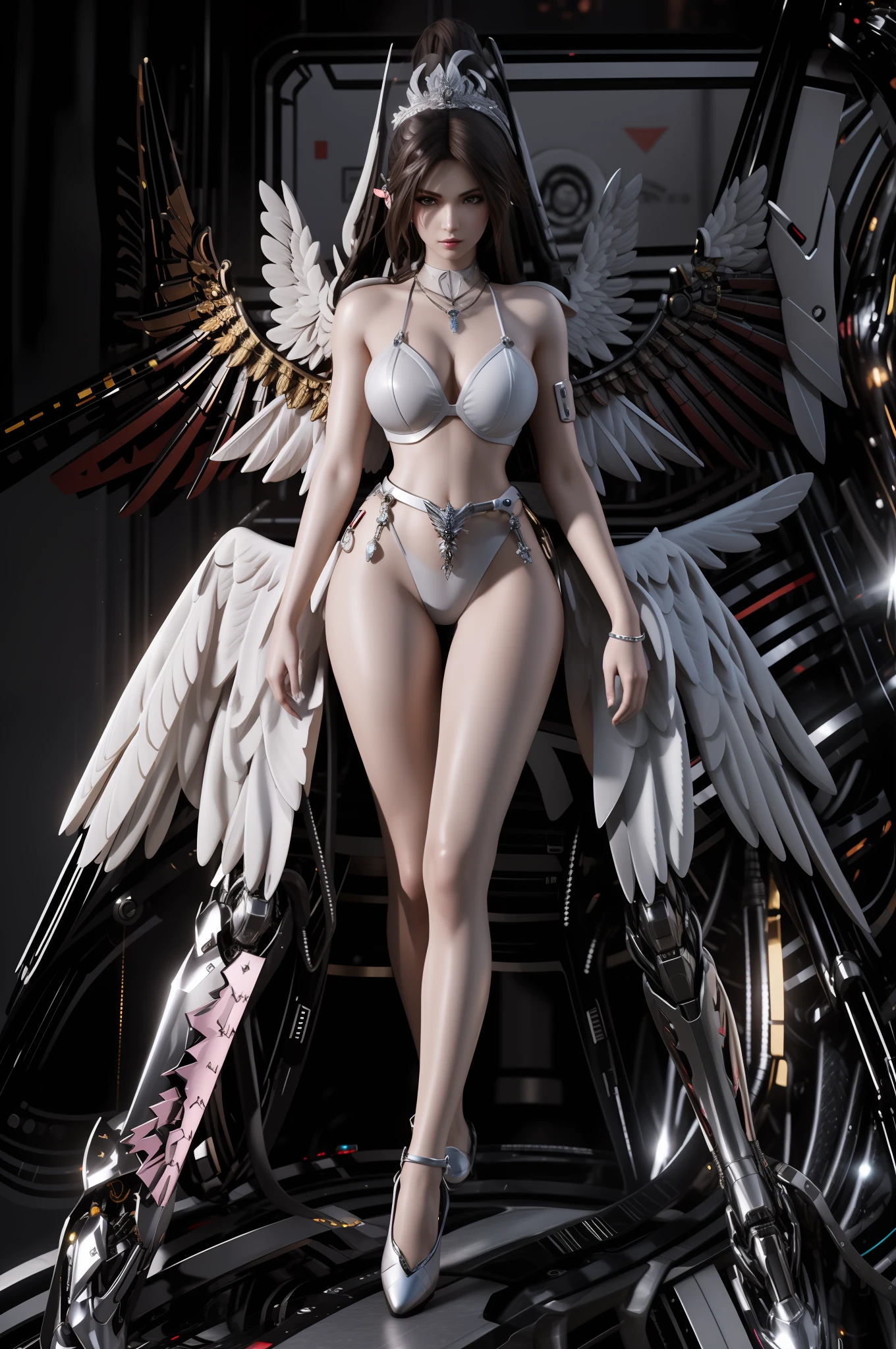 there is a woman in a bikini and wings on a motorcycle, beautiful cyborg angel girl, full - body majestic angel, angel in plastic armor, cinematic goddess body shot, futuristic robot angel, unreal engine rendered + A goddess, tall female angel, mechanical angel, as a mystical valkyrie, Goddess. Extremely high detail, epic angel wings, extremely detailed goddess shot