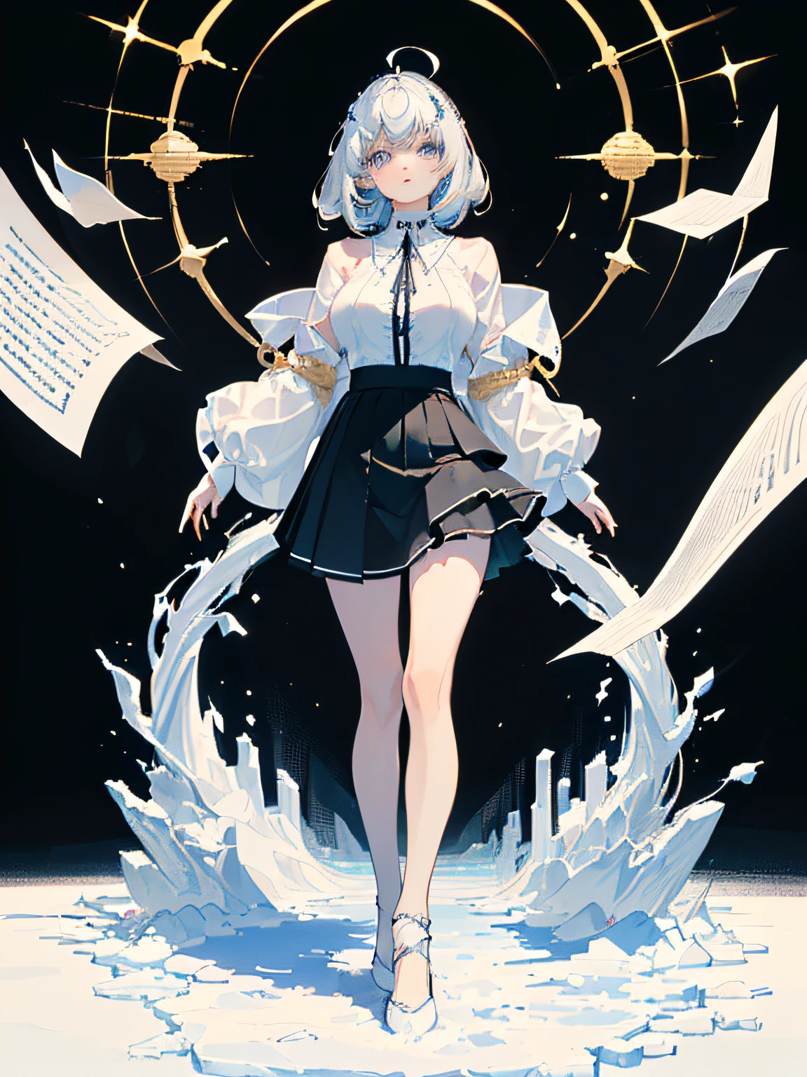 ((masterpiece, best quality)), (1girl), (solo), (female focus), (ahoge, white hair, short hair), black eyes, ((white shirt), (buttoned shirt)), ((Black skirt),(a short skirt)),to stand,white backdrop,Behind your arms,hoang lap,high resolucion,superdetailed,(1girl huge large breasts:1.3), Break the sun,Invert the tint,Experimental photography,Surreal contrasts,striking visual effects,Artistic abstraction, Broken paper cutting art,Layered contours,Intricate patterns,Exquisite craftsmanship,shadow play,depth and dimensionality,Creative expression, Icebreaker,Snow and ice sculptures,Translucent form,Ephemeral beauty,Crystal texture,Exquisite craftsmanship,Creepy charm, Broken blue eyes((巨作, Best quality)), (1girl huge large breasts), (solo), (female focus), (,pastel gold hair,Long hair dragged to the ground), Pale blue eyes, ((White shirt), (Buttoned shirt)), ((Black skirt),(A short skirt)),to stand,white backdrop,Behind your arms,4K,optimal quality,1个Giant Breast Girl,aged 16,pastel gold hair,The hair was long, long and dragged to the ground,3/4 bangs,Black and white gold pattern skirt,turtle girl,Plain white background,Petite stature,smallbreast,nobility