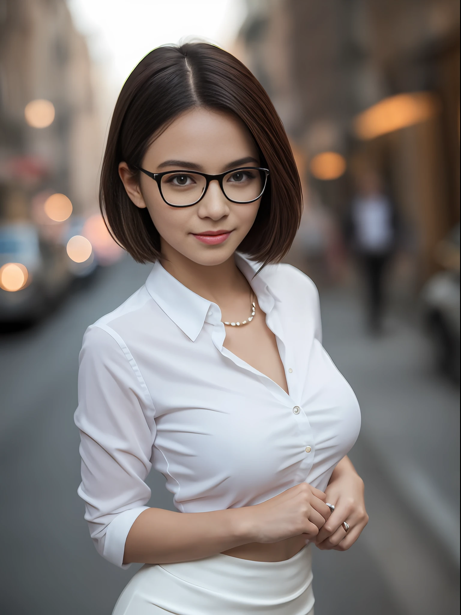 ((Best Quality, 8K, Masterpiece: 1.3)), Full Body, Focus Clear: 1.2, Outstanding Style: 1.4, (thick body: 1.2), ((black Hair, Big tits: 2.0)), (Neon, Street: 1.1), Highly Detailed Face and Skin Texture, Detailed Eyes, Double Eyelids, 1girl, single, best quality, large-breasts, thick tight, masterpiece, short hair, smile, seductive smile, wearing glasses, office lady suit, buisness suit, thight white long shirt, pencil long skirt, long skirt, bokeh, RAW photo, shot on EOS 5D Mark IV, 35mm lens, f1.8, sharp focus, ultra sharp image, stylish model pose, cinematic light, looking the viewer, character focus, staring the viewer, formal look, attractive, elegant, classy, a simple afternoon street background,