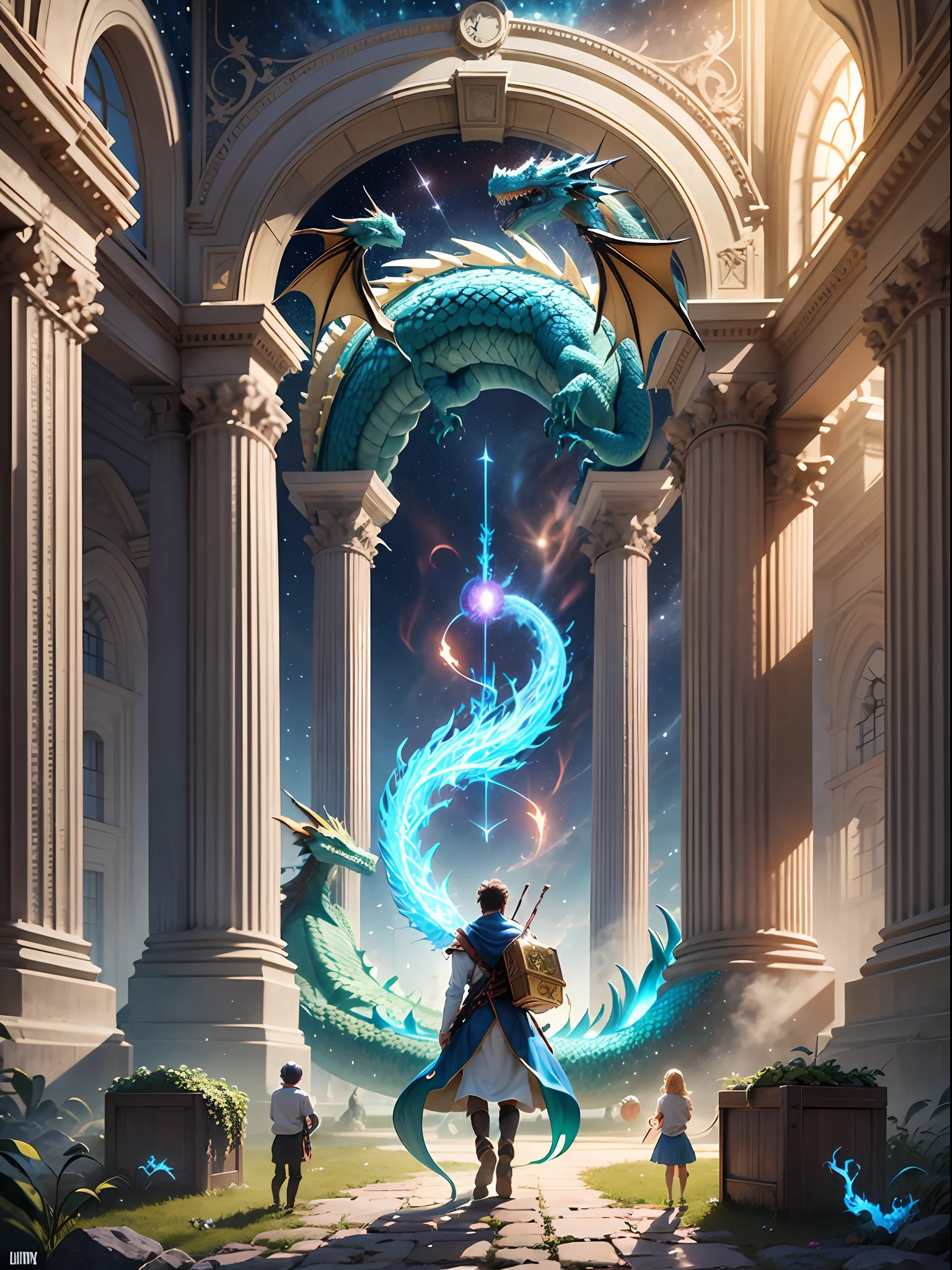 ((Giant bright big time clock ))), Fantastic metal cubes with light , Perfect professional cover image depicts a magical and exciting setting, que representa o universo de Tempus e a jornada dos 4 jovens Guerreiros do Tempo (((with his giant blue fire friendly dragon))). One of the two boys is smaller and thinner of them all , the are In the background, we see a starry sky, full of bright constellations and distant galaxies, conveying a sense of vastness and mystery. no centro da imagem, Os quatro protagonistas do livro se destacam: Soren, lily, Darian e Kai. They are positioned in a close-knit formation, prontos para enfrentar os desafios que os aguardam. destacamos o protagonista Kaiden, (((its glowing cube of golden metal with a hologram projected from a gigantic friendly dragon)));, o jovem guerreiro de pequena estatura, but with a determined expression on his face. He holds a mysterious cube with a bracelet engraved with inscriptions. Giant time clock surrounds the entire picture in enveloping magic. Em torno dos guerreiros, vemos elementos que representam o universo de Tempus. There is an arch of magical time lights with a clock, which symbolizes time travel and the connection between the past, present and future represented by three smaller glowing cubes. A mystical mist hovers around the characters, bringing an air of mystery and magic. No horizonte, ancient ruins and towering pillars loom, evoking a sense of grandeur and lost history. The title of the book, "Guerreiros do Tempo", is displayed in elegant gold letters, com uma fonte que transmite a ideia de aventura e fantasia. Below the title is the author's name, also in gold letters, highlighting the creator of this incredible journey. Esta imagem de capa evoca o senso de magia dos personagens, aventura, and togetherness, transmitindo aos leitores a promessa de um, twisting story.