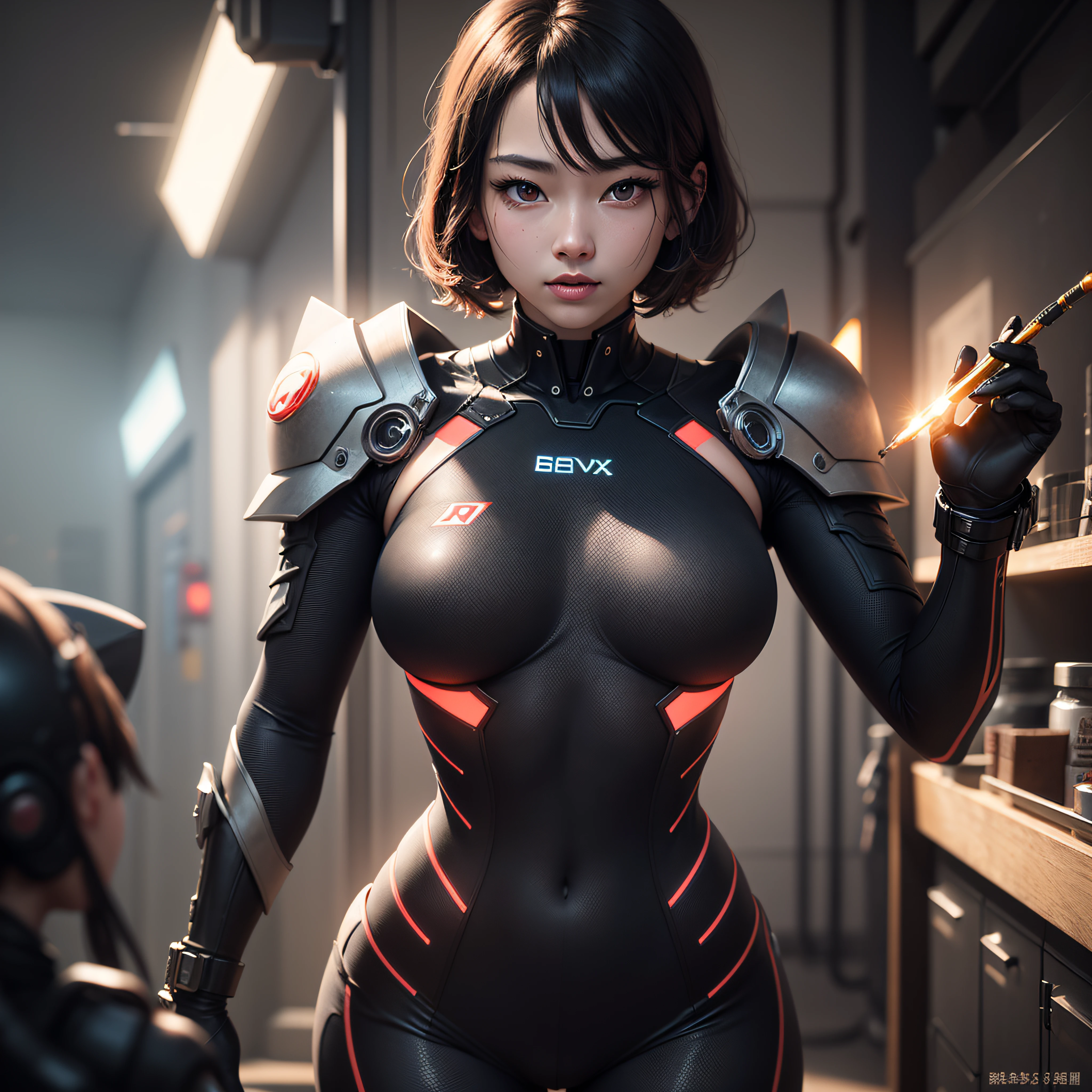 （in 8K、Raw photography、beste Quality、masterspiece：1.2）、（Realistic、photorealestic：1.37）、（aegyo sal:1）、a Pretty、Professional Writing、photon maping、Physically Based Rendering、bob cuts、Mechanical parts、Black eye、Red Tight Suit、Night、Neon light、A sexy、Smokexxx、looking the viewer、8K high resolution、Realistic background、Clear background、medium  tits、s whole body --auto