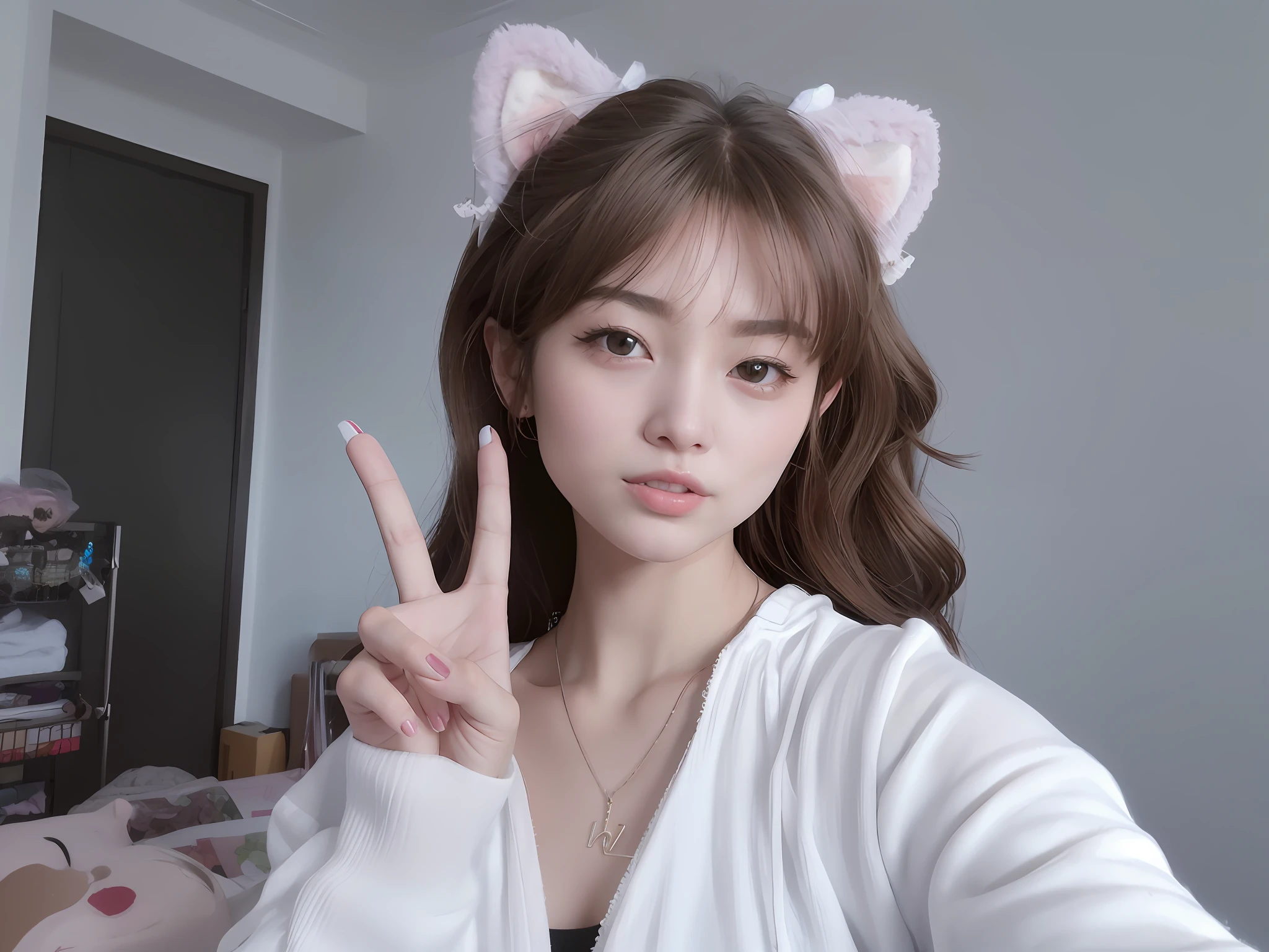araffe girl with a white shirt and pink ears making a peace sign, Urzan, very beautiful cute catgirl, Girl with cat ears, lalisa manobal, young adorable korean face, wan adorable korean face, anime girl with cat ears, fake cat ears, with bunny ears, Attractive cat girl, tzuyu from twice
