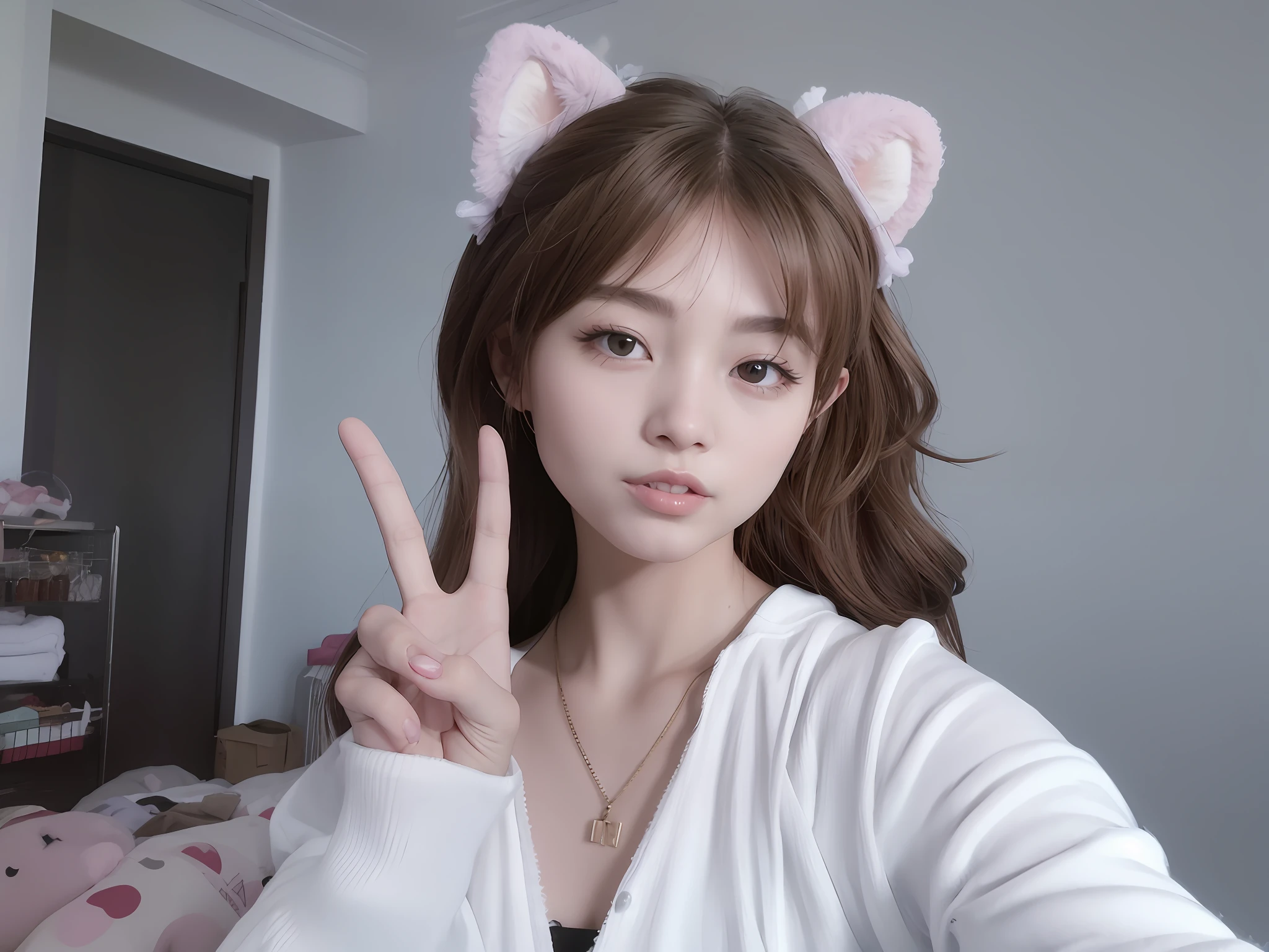 araffe girl with a white shirt and pink ears making a peace sign, Urzan, very beautiful cute catgirl, Girl with cat ears, lalisa manobal, young adorable korean face, wan adorable korean face, anime girl with cat ears, fake cat ears, with bunny ears, Attractive cat girl, tzuyu from twice