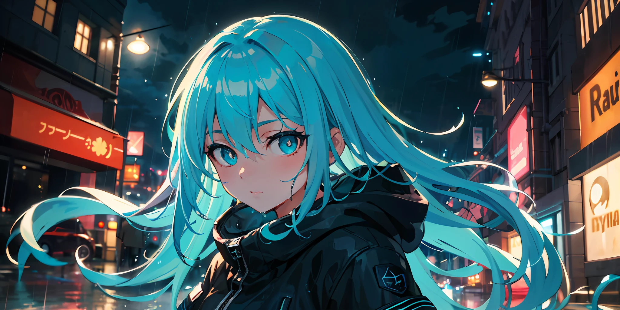 best quality, masterpiece, ultra-detailed, high resolution, 1girl, solo, outdoors, night, night city, rain, wet, long hair, (detailed:1.4)aqua eyes, dynamic angle, aqua hair, child, dynamic lighting, bloom, luminous, cinematic lighting, light, detailed eyes, color, texture, detail, beauty, glowing