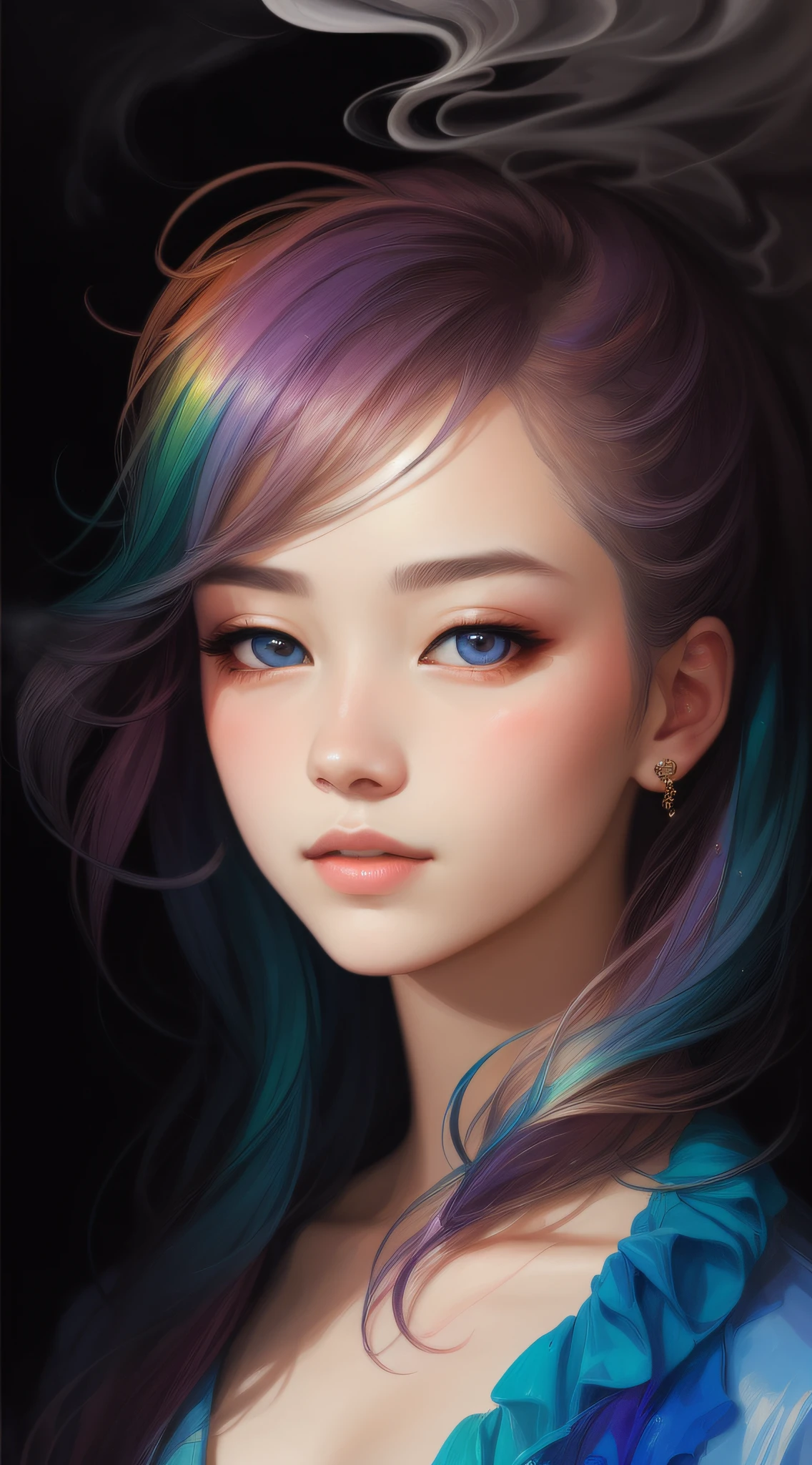 _james jean, floating female figure made of ribbons, smoke, in the sky, colorful and vibrant, mystical colors, contemporary impressionism, yanjun cheng portrait painting, iridescent painting, 3/4 perspective view, cute face, low angle, sweeping circling composition, large beautiful crystal eyes, big irises, UHD, HDR, 8K, (Masterpiece:1. 5), (the most beautiful portrait in the world:1.5)
