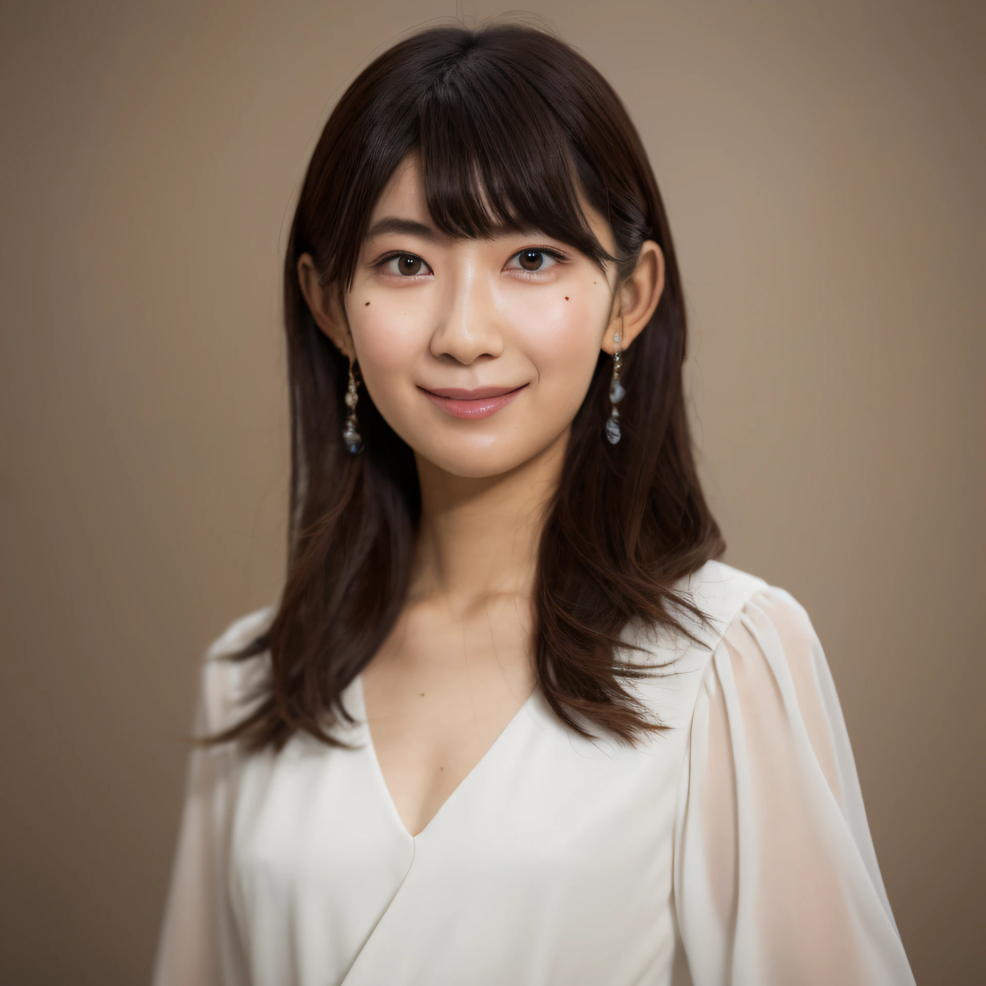 1girl in, Japanese, Cute, Solo, Narrow waist, skinny, flat chest, Light Smile, small pupil, long eyes, highly detailed face eyes nose mouth, White dress, Full body, Sharp Focus, Portrait:1.5, Upper body, Cowboy Shot, 8K, Raw photo, Best Quality, Maste Piece,Realistic, photoreallistic, both hands on hip, Perfect Face, Long hair, Black eye, asymmetrical parted bangs, Looking at Viewer, Best Quality