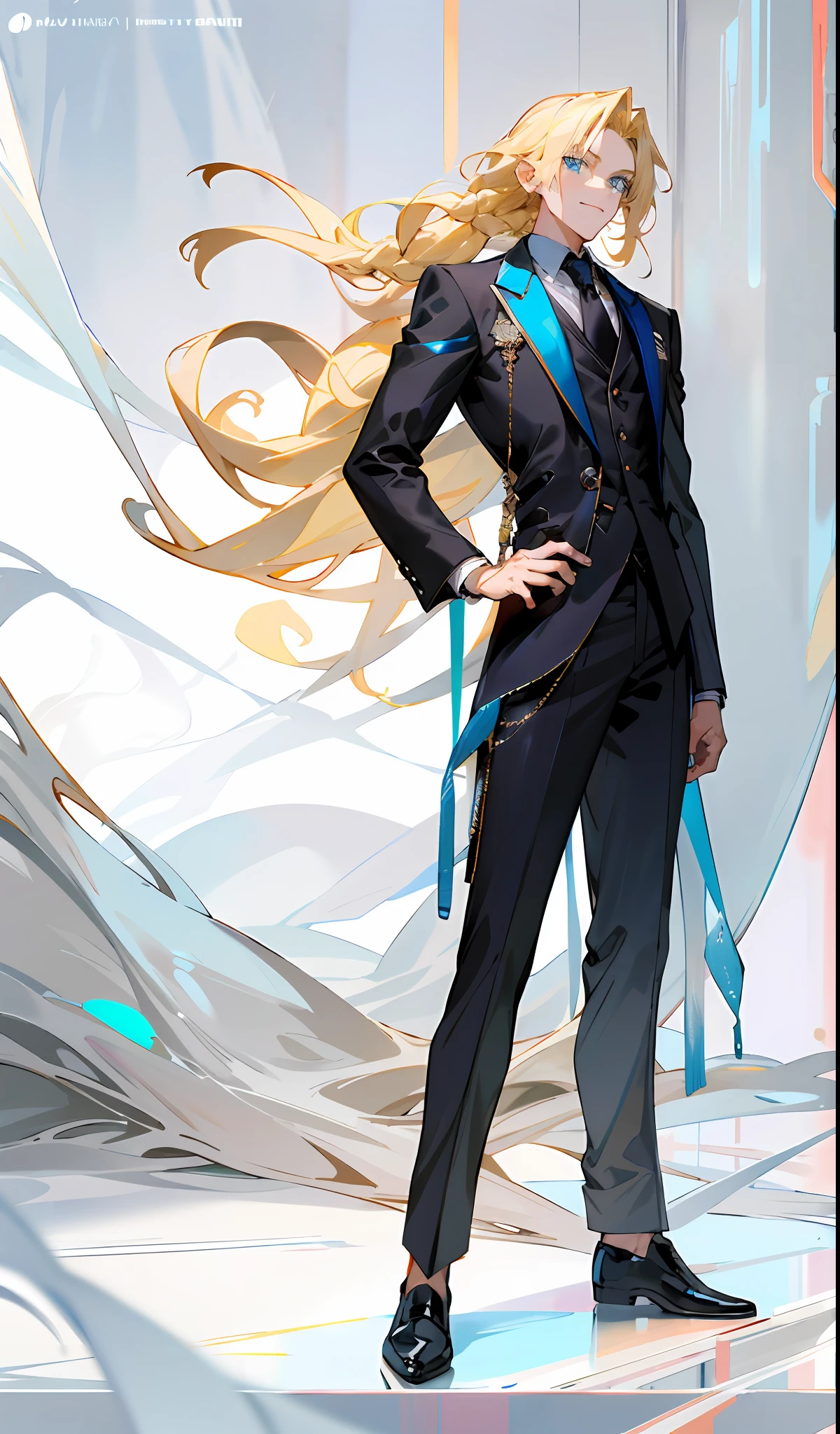 Beautiful boy with blonde hair and blue eyes,A small braid,semi-long curly hair,black business suits,Slim figure,Male and female