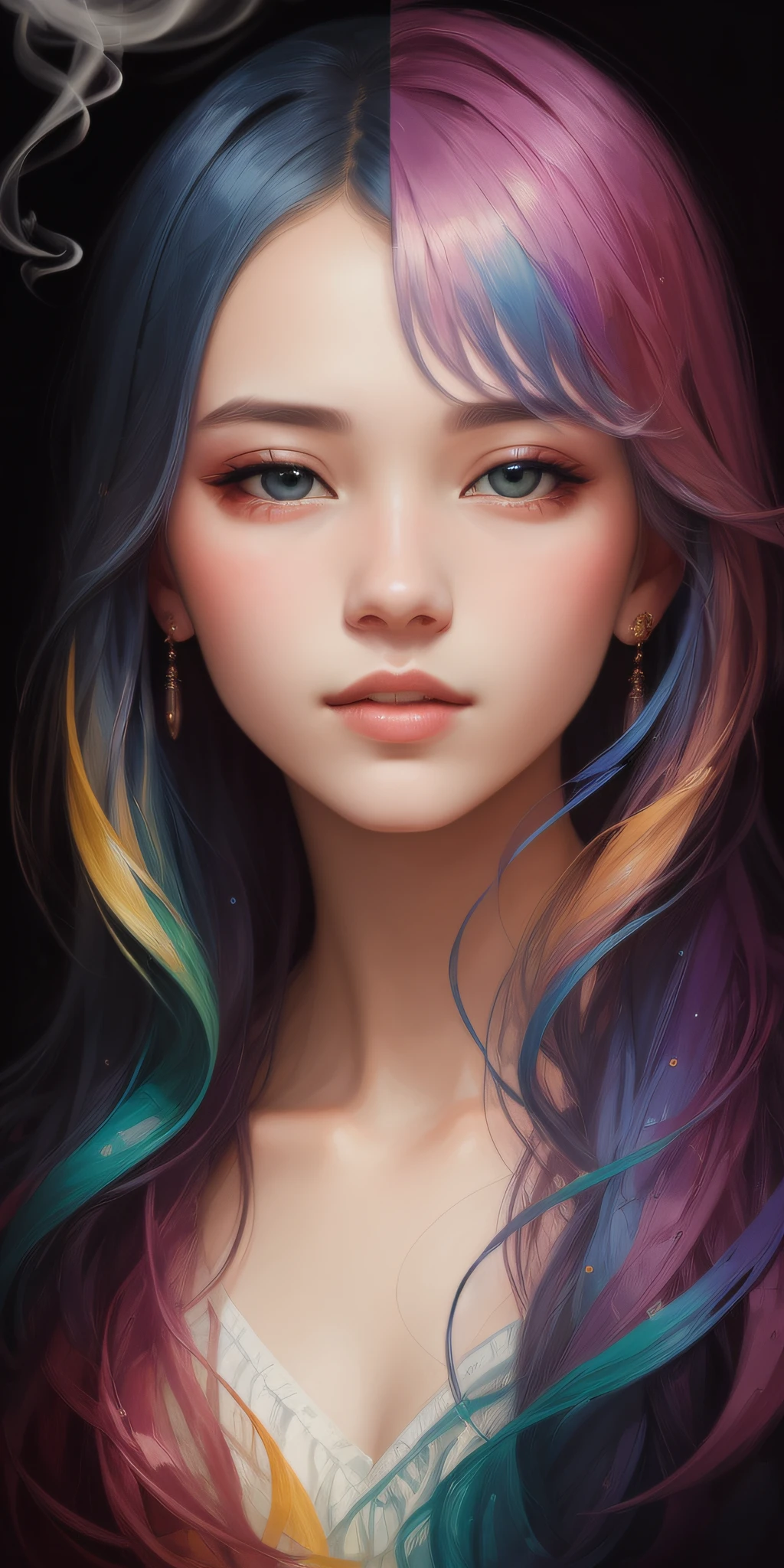 _james jean, floating female figure made of ribbons, smoke, in the sky, colorful and vibrant, mystical colors, contemporary impressionism, yanjun cheng portrait painting, iridescent painting, 3/4 perspective view, cute face, low angle, sweeping circling composition, large beautiful crystal eyes, big irises, UHD, HDR, 8K, (Masterpiece:1. 5), (the most beautiful portrait in the world:1.5)