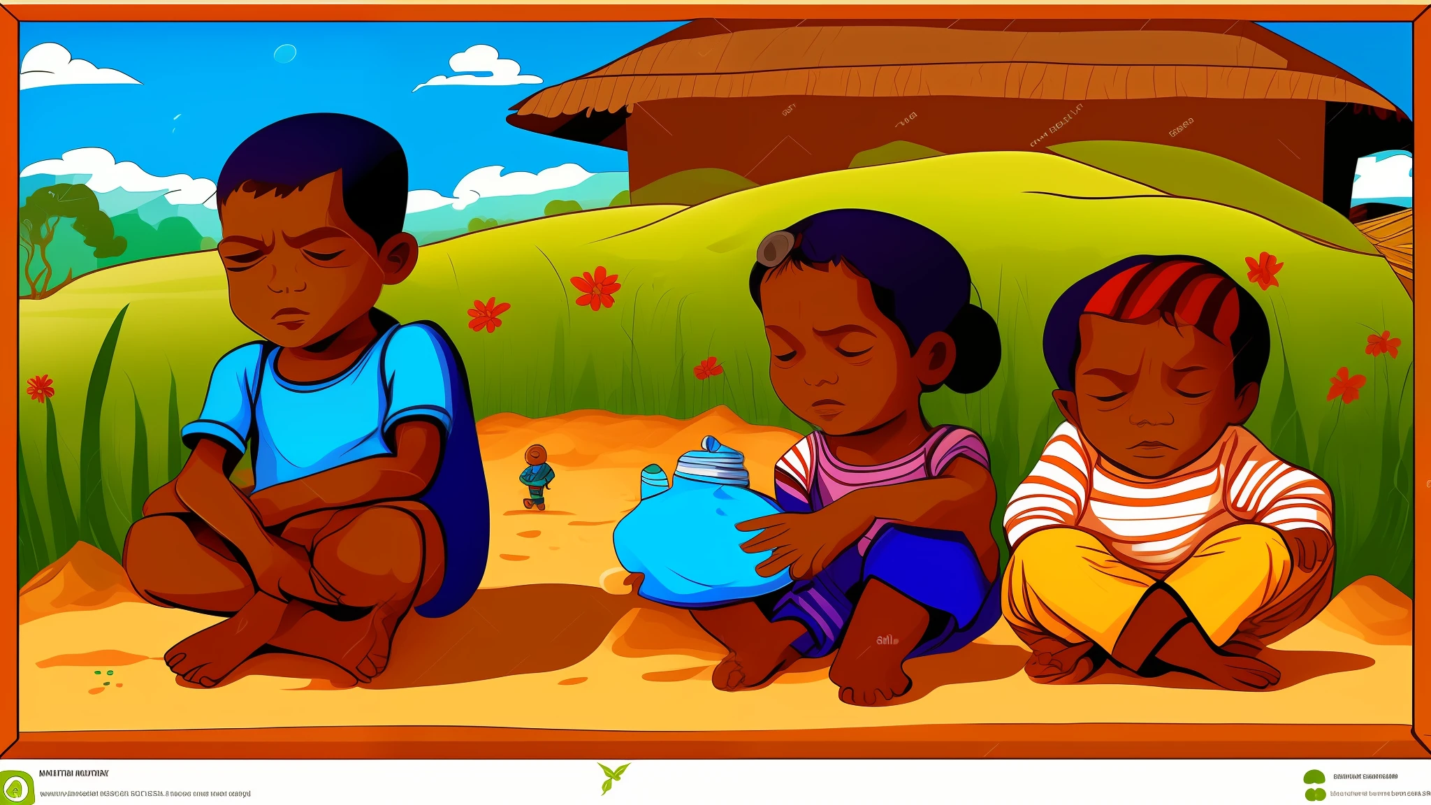 A two poor children in village in cartoon