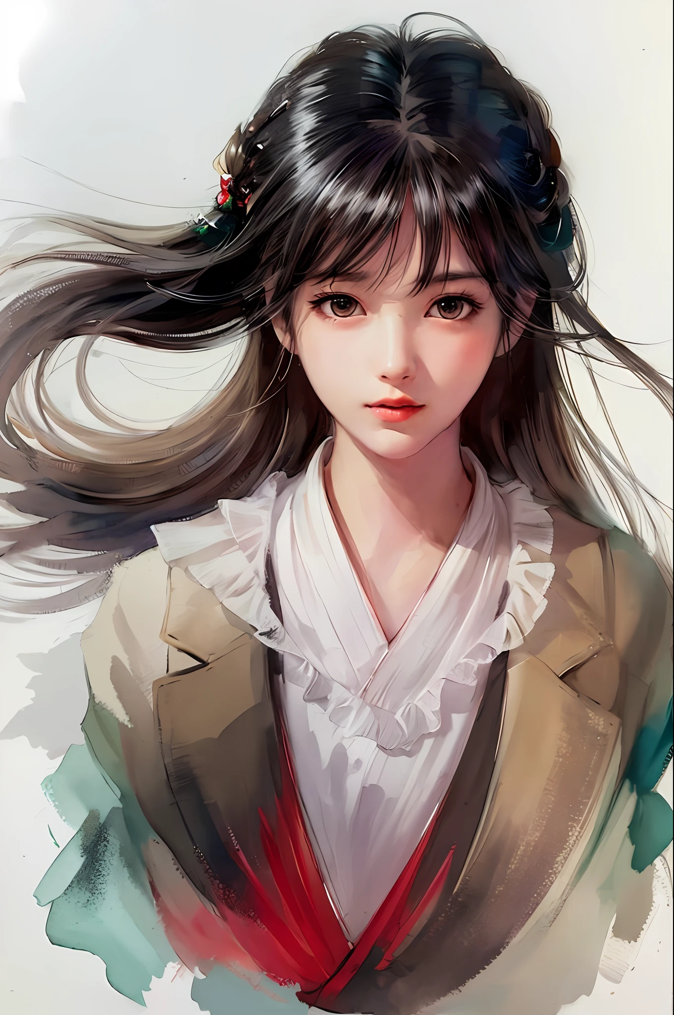 stechu,(white background:1.4), ((tachi-e)), original,(illustration:1.1),(best quality),(masterpiece:1.1),(extremely detailed CG unity 8k wallpaper:1.1), (colorful:0.9),(panorama shot:1.4),(solo:1.2), (ink splashing),(color splashing),((watercolor)), clear sharp focus,{ 1girl standing },((korean style )),flower background,outdoors,rocks, looking at viewer, make happy expressions,soft smile,pure,beautyfull detailed face and eyes,beautyfull intricacy clothing decorative pattern details, black hair,black eyes,colorwater