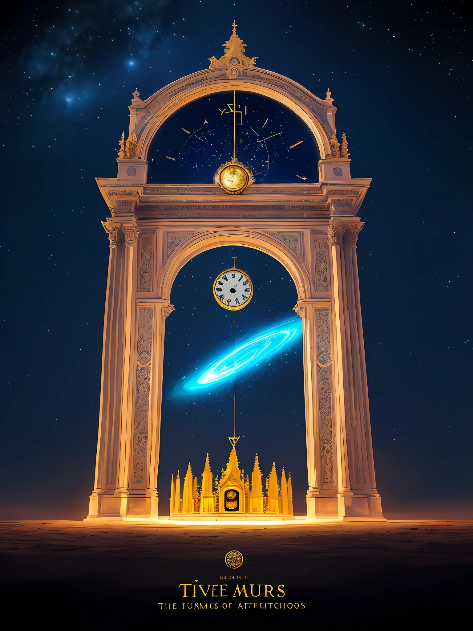 (((Giant bright big time clock ))), Fantastic metal cubes with light , Perfect professional cover image depicts a magical and exciting setting, which represents the universe of Tempus and the journey of the 4 little young Time Warriors with their giant blue fire dragon. One of them is smaller and Thinner , the are In the background, we see a starry sky, full of bright constellations and distant galaxies, conveying a sense of vastness and mystery. no centro da imagem, Os quatro protagonistas do livro se destacam: Soren, lily, Darian e Kai. They are positioned in a close-knit formation, prontos para enfrentar os desafios que os aguardam. destacamos o protagonista Kaiden, its glowing cube of golden metal with a hologram projected from a gigantic friendly dragon;, o jovem guerreiro de pequena estatura, but with a determined expression on his face. He holds a mysterious cube with a bracelet engraved with inscriptions. Giant time clock surrounds the entire picture in enveloping magic. Em torno dos guerreiros, vemos elementos que representam o universo de Tempus. There is an arch of magical time lights with a clock, which symbolizes time travel and the connection between the past, present and future represented by three smaller glowing cubes. A mystical mist hovers around the characters, bringing an air of mystery and magic. No horizonte, ancient ruins and towering pillars loom, evoking a sense of grandeur and lost history. The title of the book, "Guerreiros do Tempo", is displayed in elegant gold letters, com uma fonte que transmite a ideia de aventura e fantasia. Below the title is the author's name, also in gold letters, highlighting the creator of this incredible journey. Esta imagem de capa evoca o senso de magia dos personagens, aventura, and togetherness, transmitindo aos leitores a promessa de um, twisting story. --auto