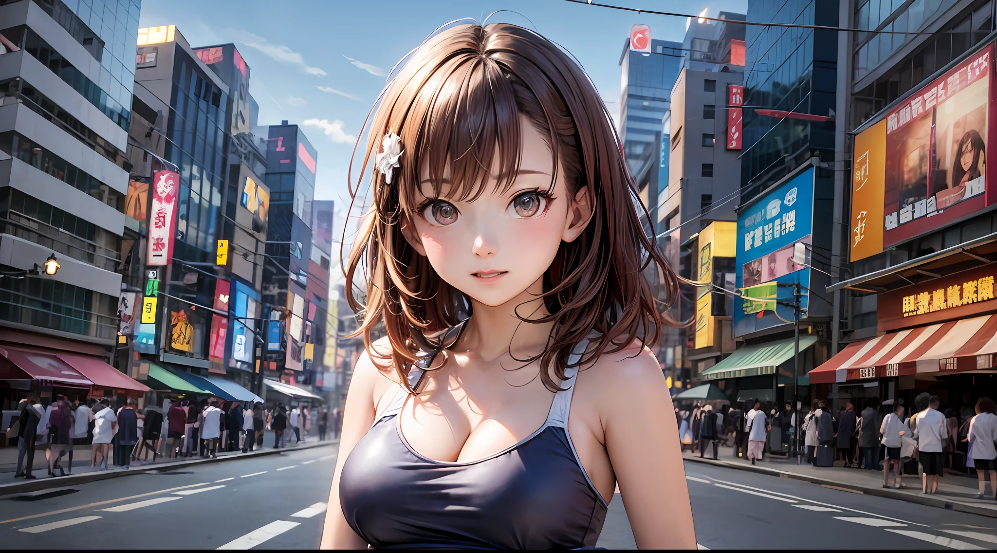 （A Certain Science Railgun、Misaka Mikoto）、Brown skin、School swim wear、（Medium hair in pink color）、Young、Cute、a beautifulchi girl、Perfect style、HugeBoobs、Emphasizes cleavage、deadpan、realisic、Realistic、８ｋ、Heavily detailed、Best quality、Top image quality、ultra-high-resolution、A masterpice、only girl、（The background is the city of Akihabara in Japan）、